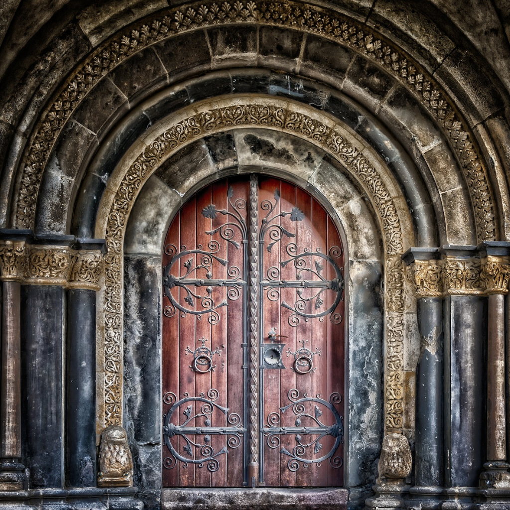 Elaborate Antique Doors with Hinges and Ring Pulls