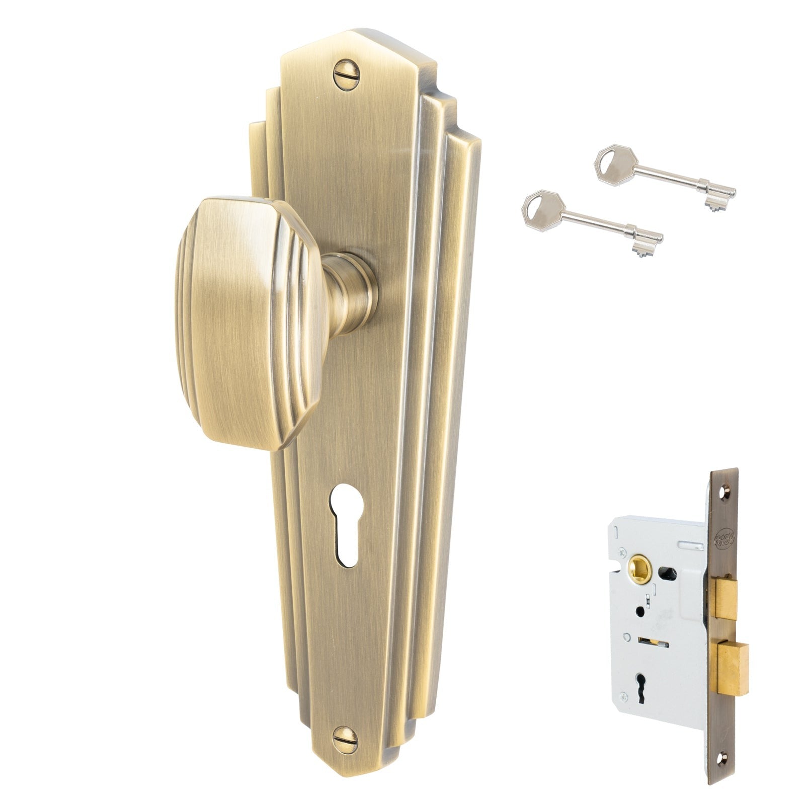 Charlston Door Handles On Plate Lock Handle Set in Aged Brass