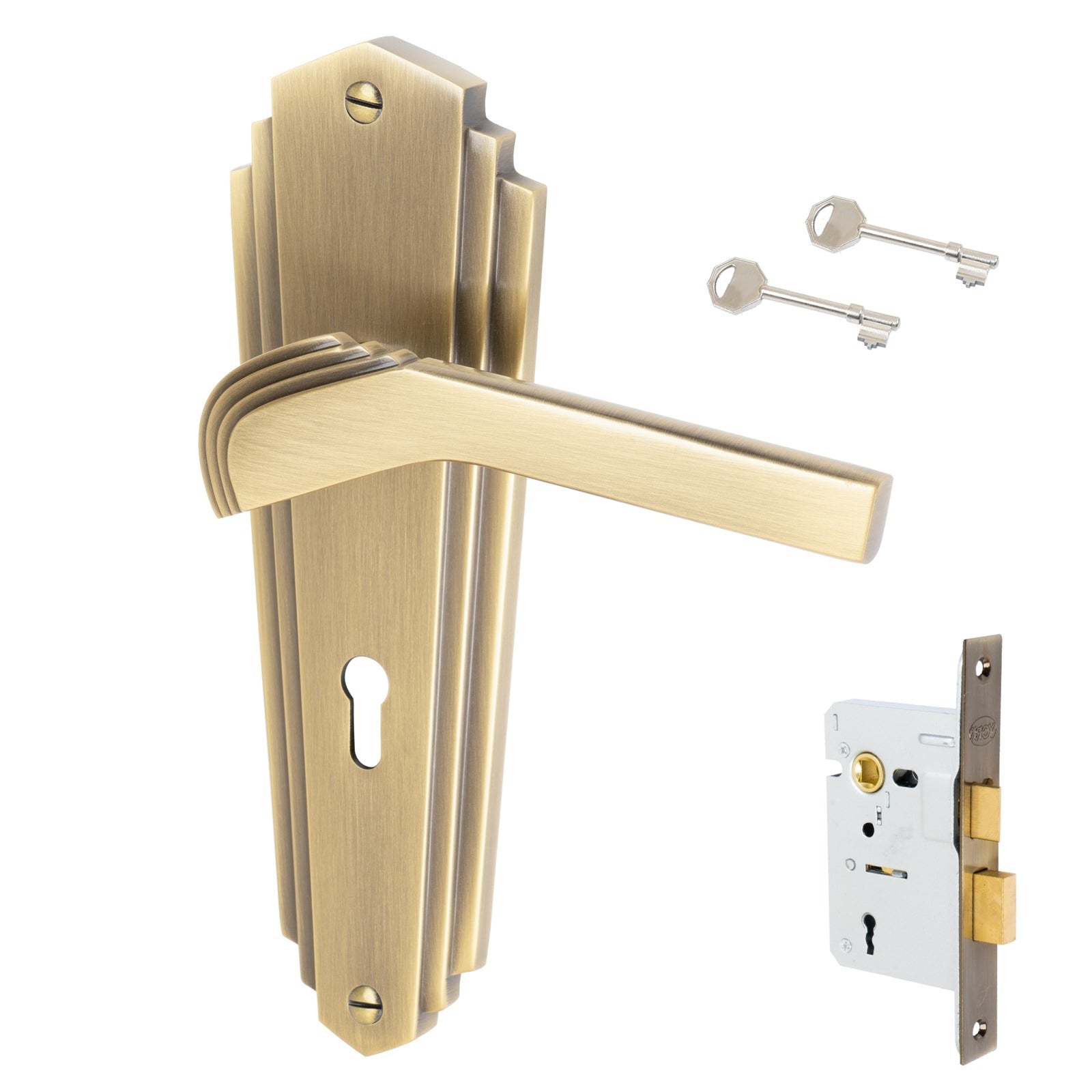 Waldorf Door Handles On Plate Lock Handle Set in Aged Brass