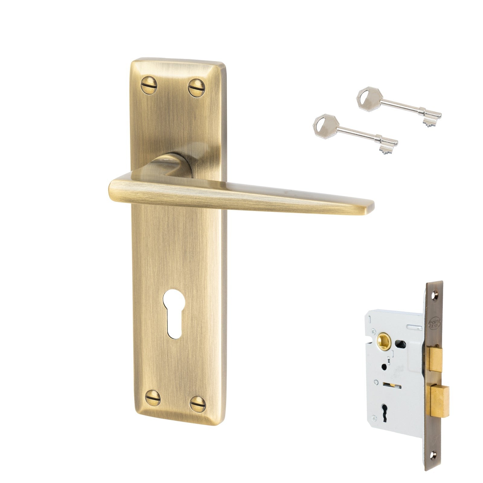 Kendal Door Handles On Plate Lock Handle Set in Aged Brass