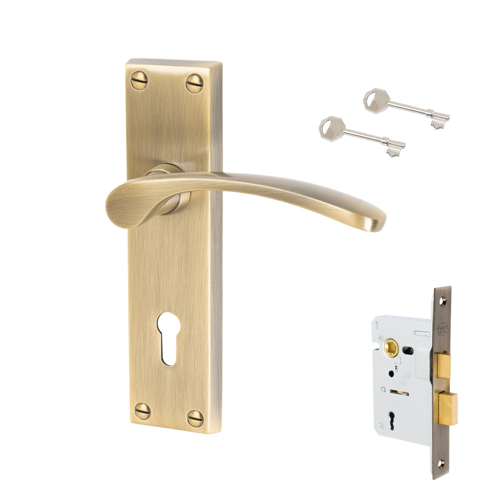 Sophia Door Handles On Plate Lock Handle Set in Aged Brass