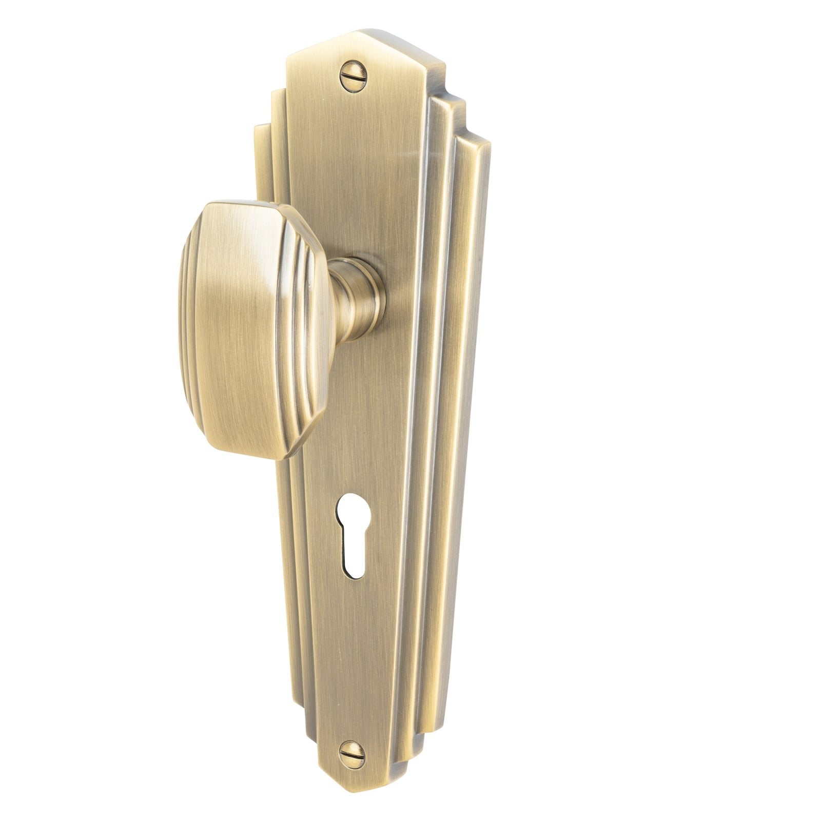 Charlston Door Handles On Plate Lock Handle in Aged Brass 