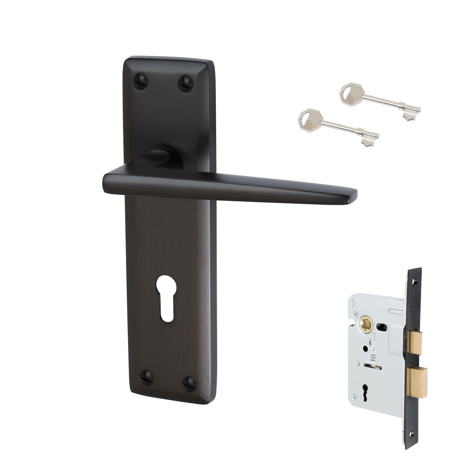 Kendal Door Handles On Plate 5 Lever Lock Handle Set in Matt Bronze 