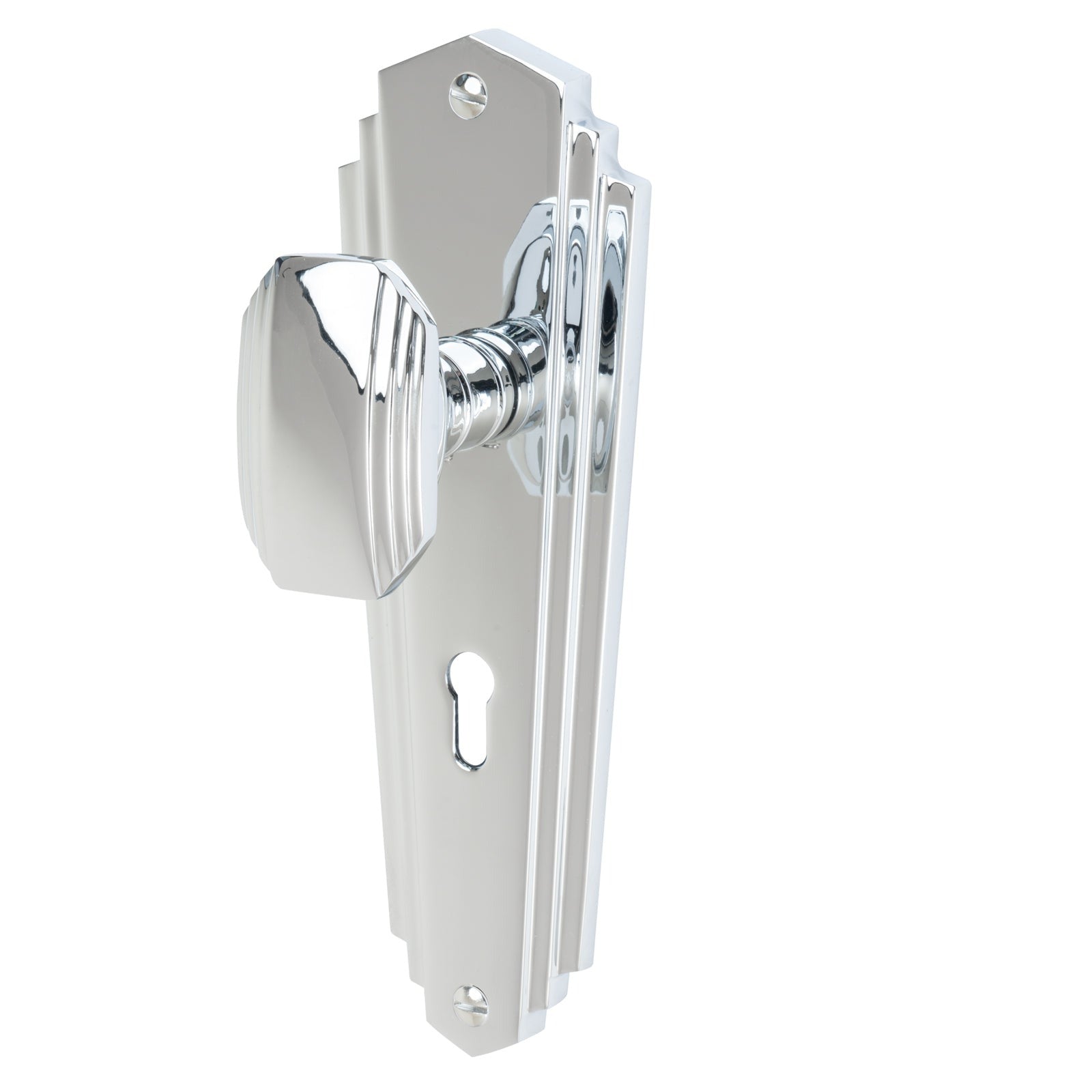 Charlston Door Handles On Plate Bathroom Handle in Polished Chrome