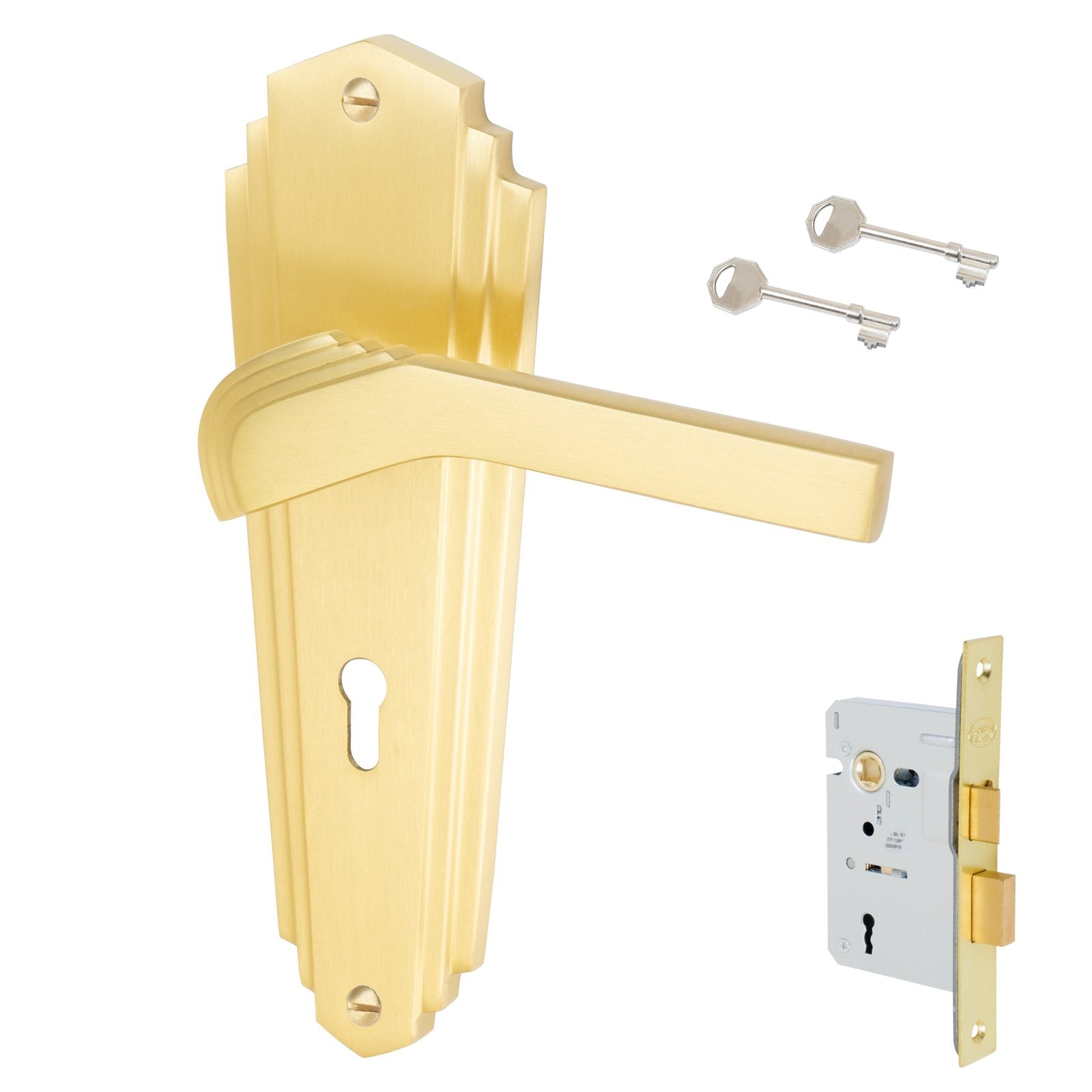 Waldorf Door Handles On Plate Lock Handle Set in Satin Brass