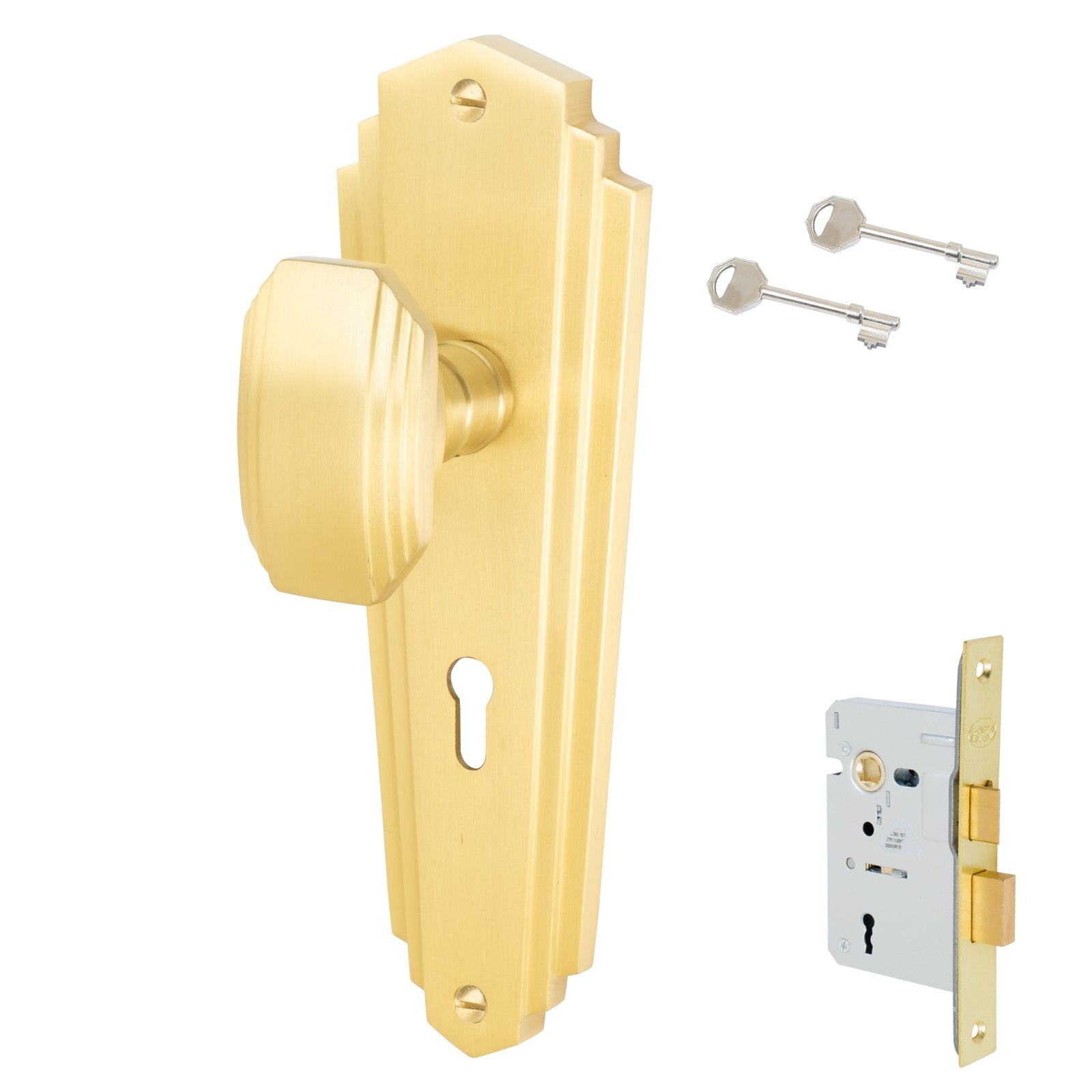 Charlston Door Handles On Plate Lock Handle Set in Satin Brass