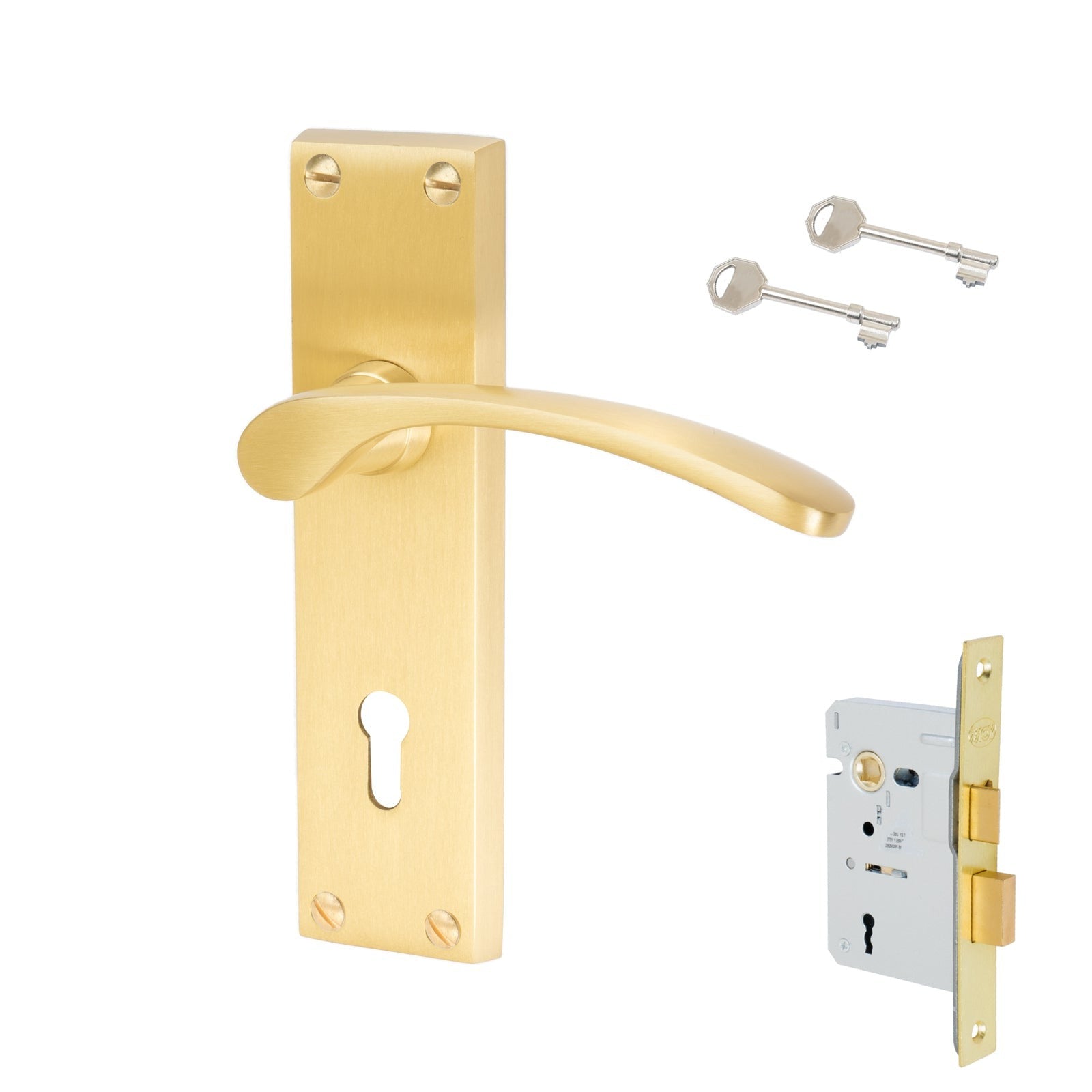 Sophia Door Handles On Plate Lock Handle Set in Satin Brass