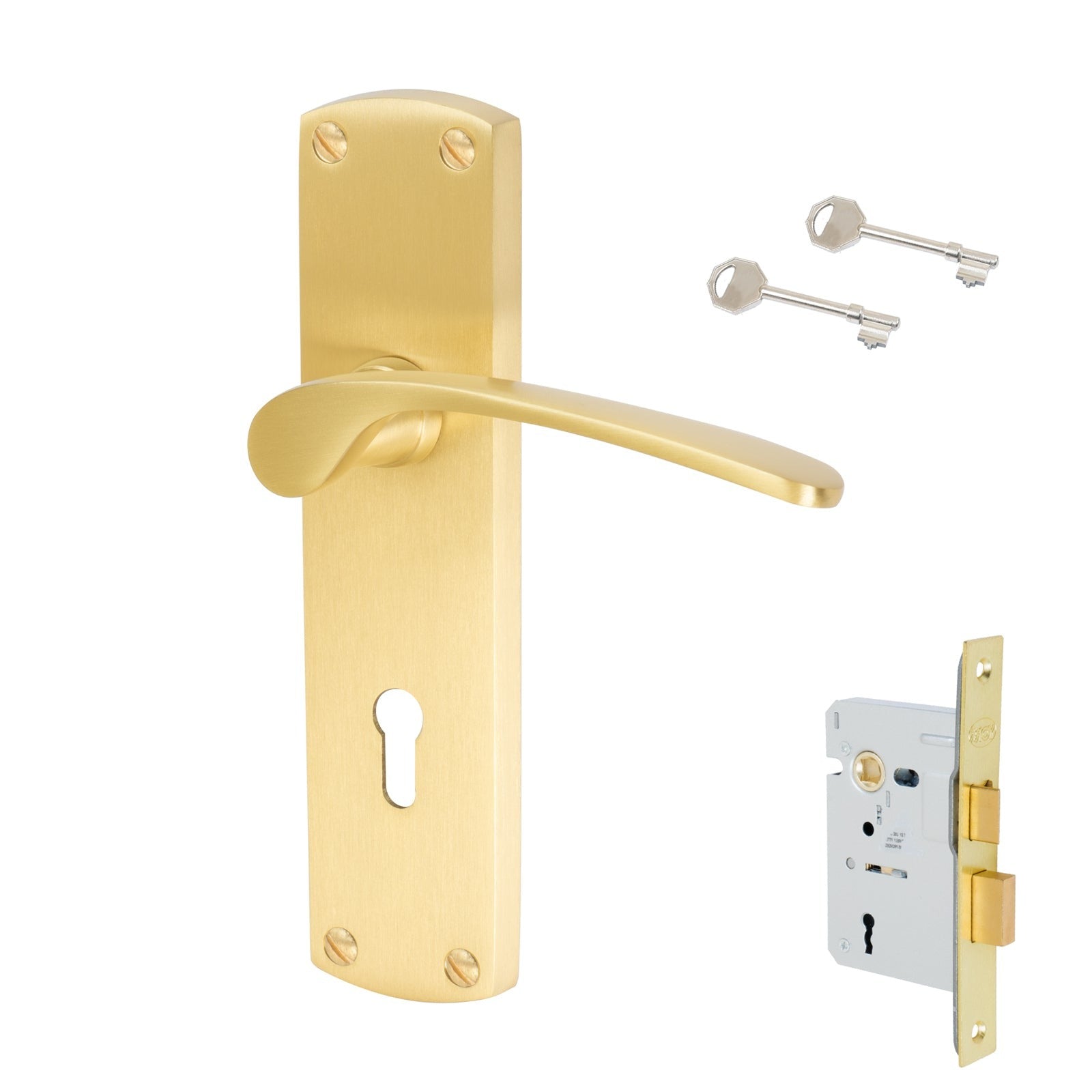 Diplomat Door Handles On Plate Lock Handle Set in Satin Brass