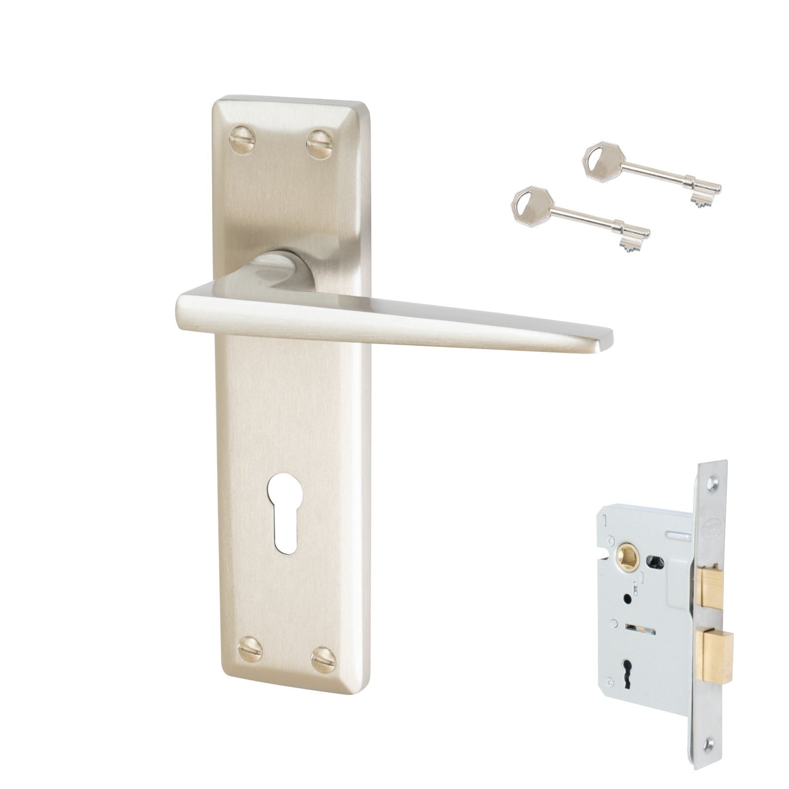 Kendal Door Handles On Plate Lock Handle Set in Satin Nickel 