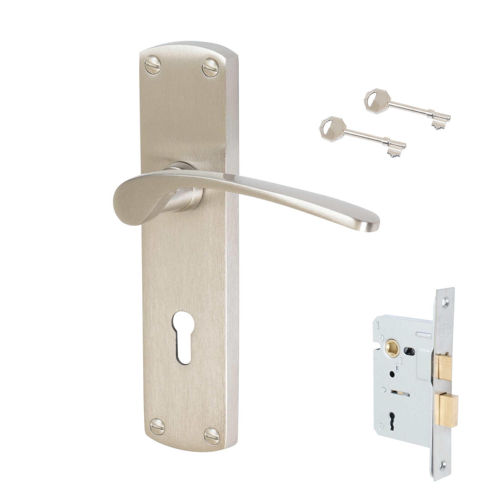 Diplomat Door Handles On Plate Lock Handle Set in Satin Nickel 