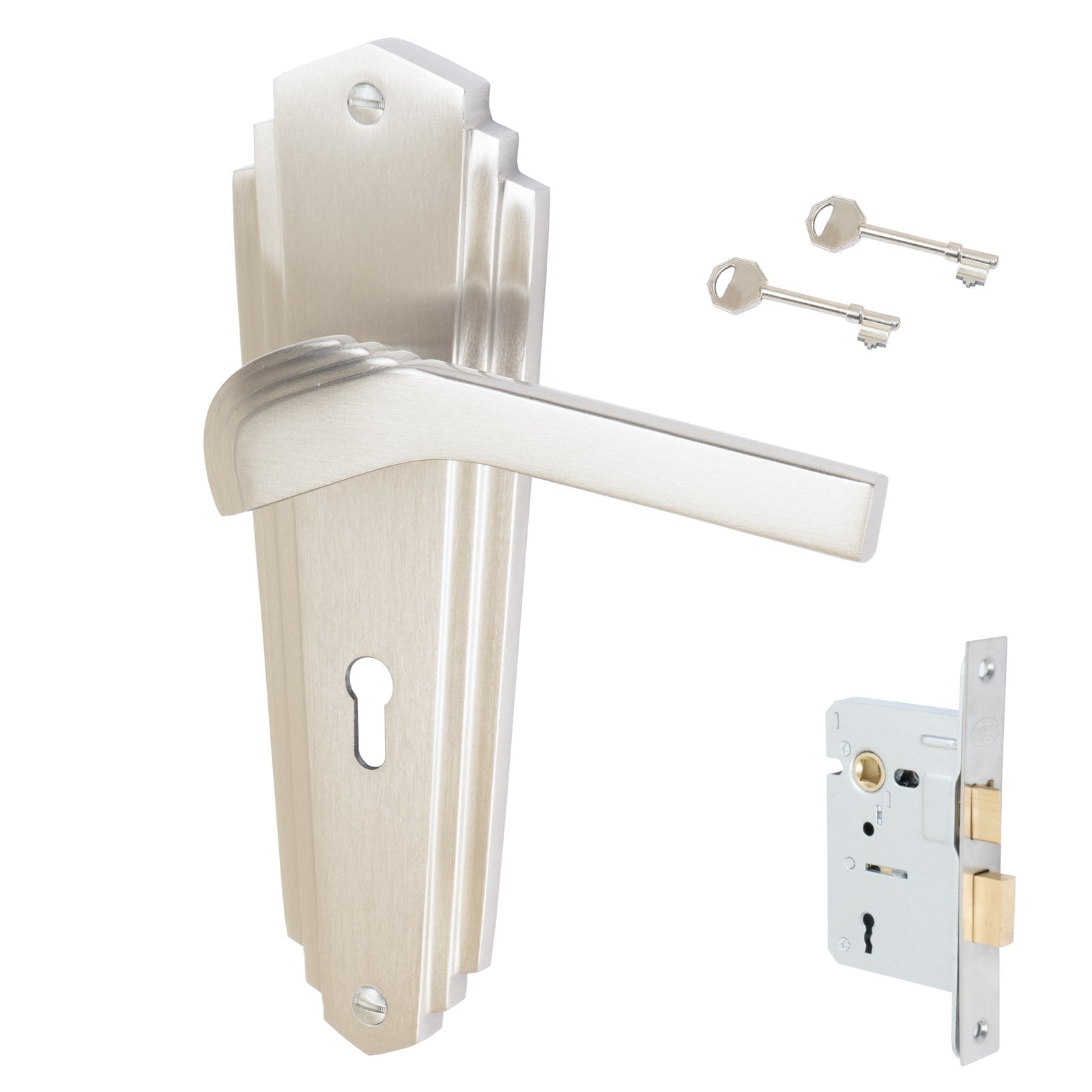 Waldorf Door Handles On Plate Lock Handle Set in Satin Nickel 