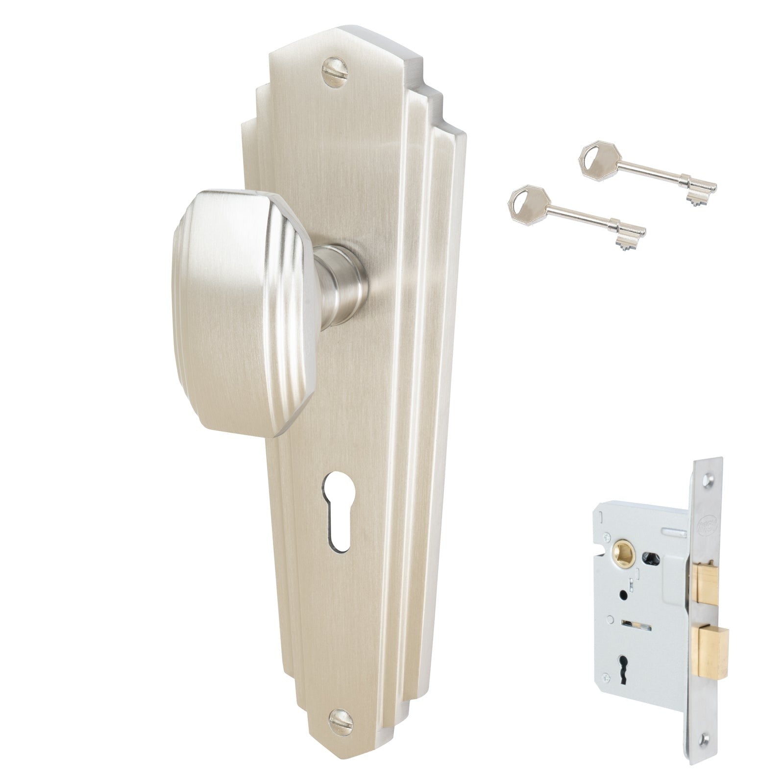 Charlston Door Handles On Plate Lock Handle Set in Satin Nickel 