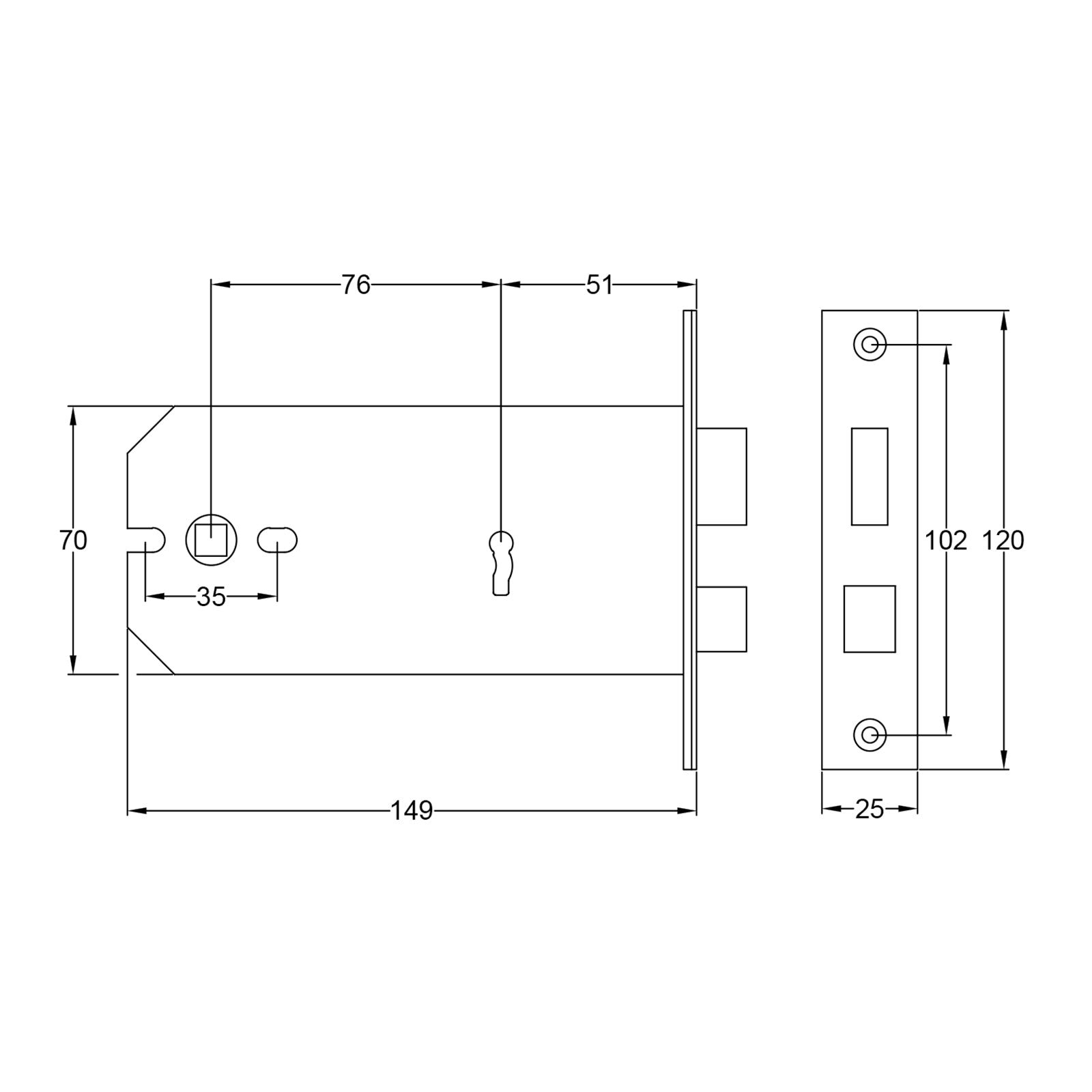 SHOW Technical Drawing of 6 Inch 3 Lever Sash Lock