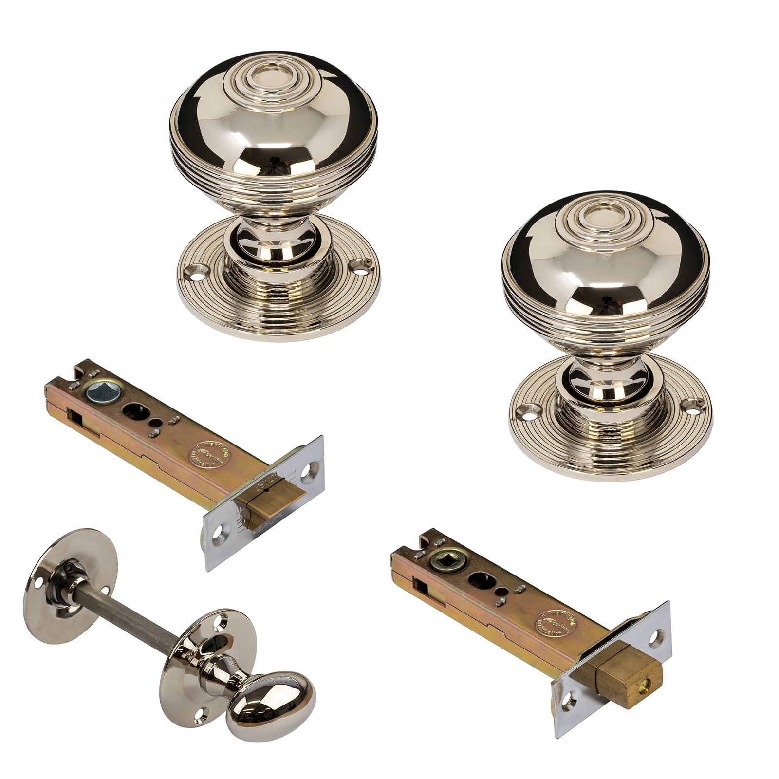 Ringed Nickel Door Knobs 4 inch Bathroom Set