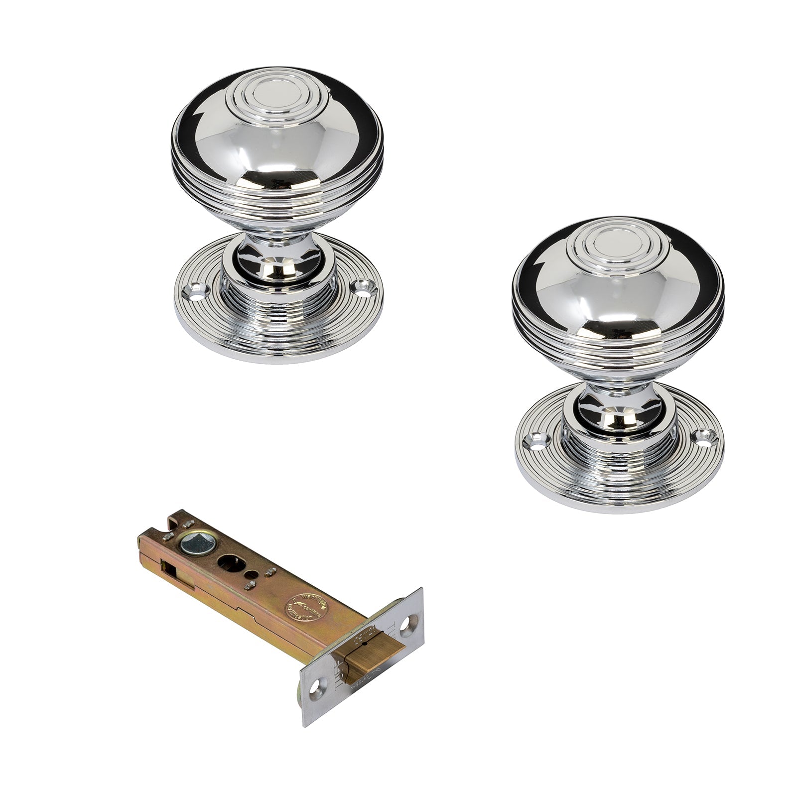 Ringed Chrome Door Knobs 4 inch Latch Set