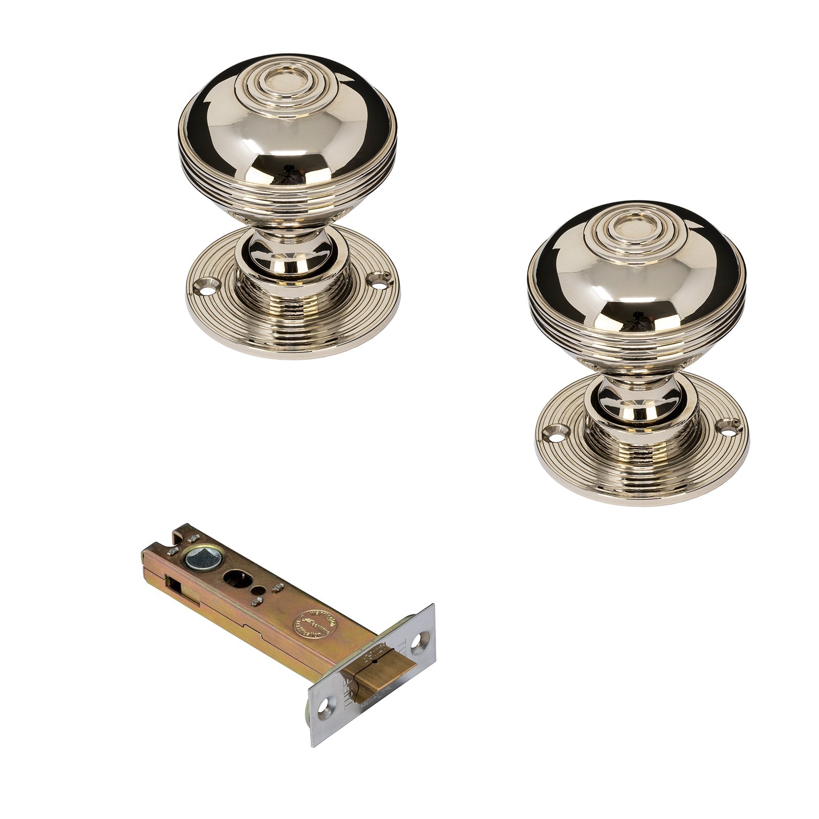 Ringed Nickel Door Knobs 4 inch Latch Set