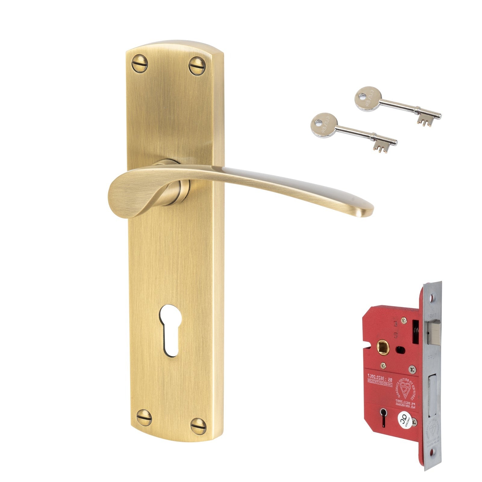 Diplomat Door Handles On Plate 5 Lever Lock Handle Set in Aged Brass