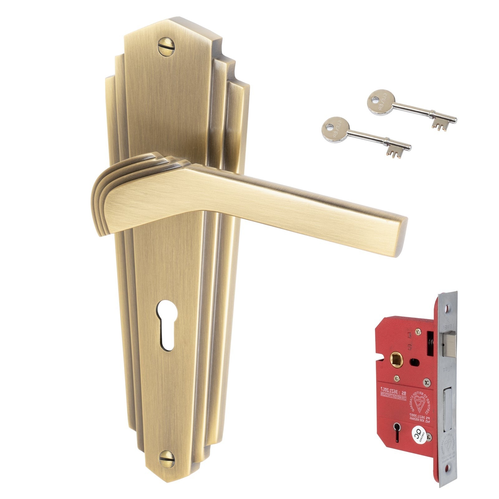 Waldorf Door Handles On Plate 5 Lever Lock Handle Set in Aged Brass