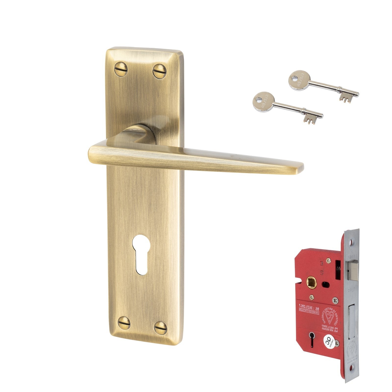 Kendal Door Handles On Plate 5 Lever Lock Handle Set in Aged Brass