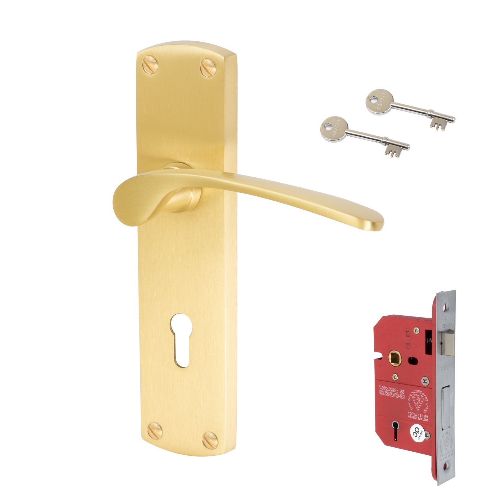 Diplomat Door Handles On Plate 5 Lever Lock Handle Set in Satin Brass