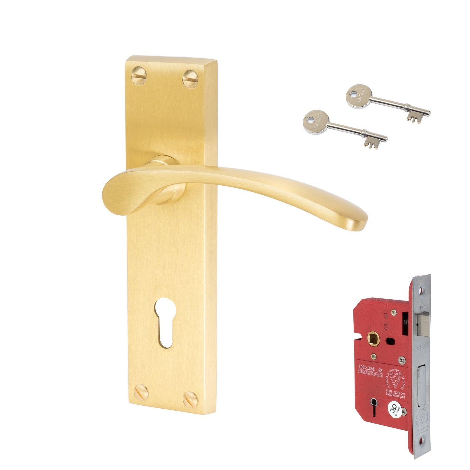 Sophia Door Handles On Plate 5 Lever Lock Handle Set in Satin Brass