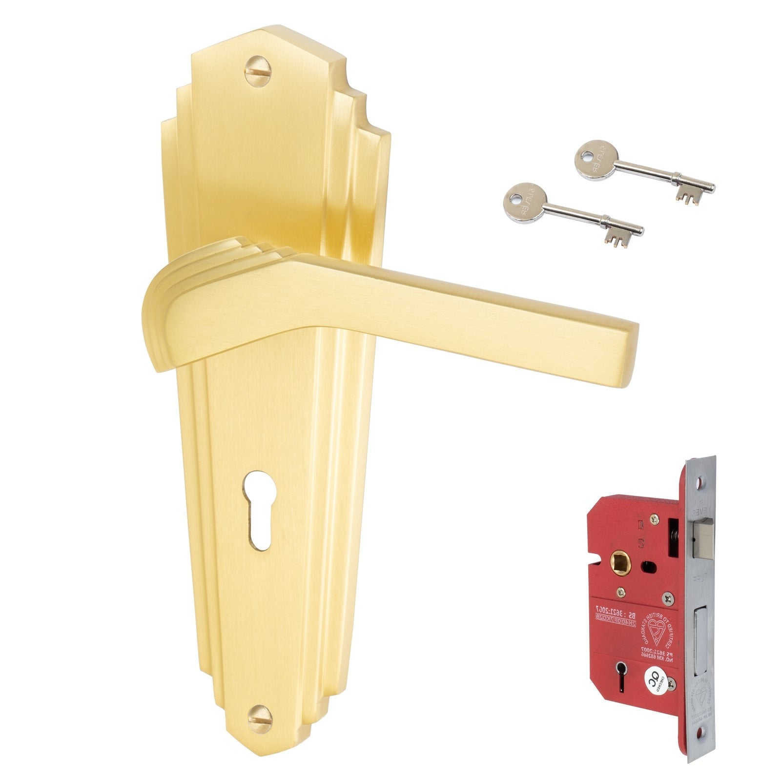 Waldorf Door Handles On Plate 5 Lever Lock Handle Set in Satin Brass