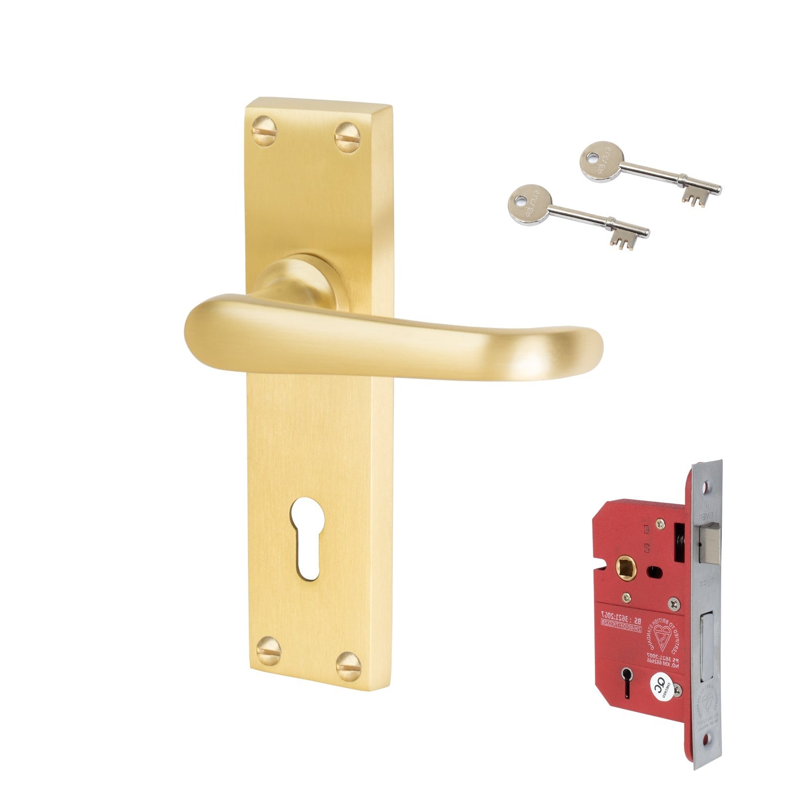 Windsor Door Handles On Plate 5 Lever Lock Handle Set in Satin Brass