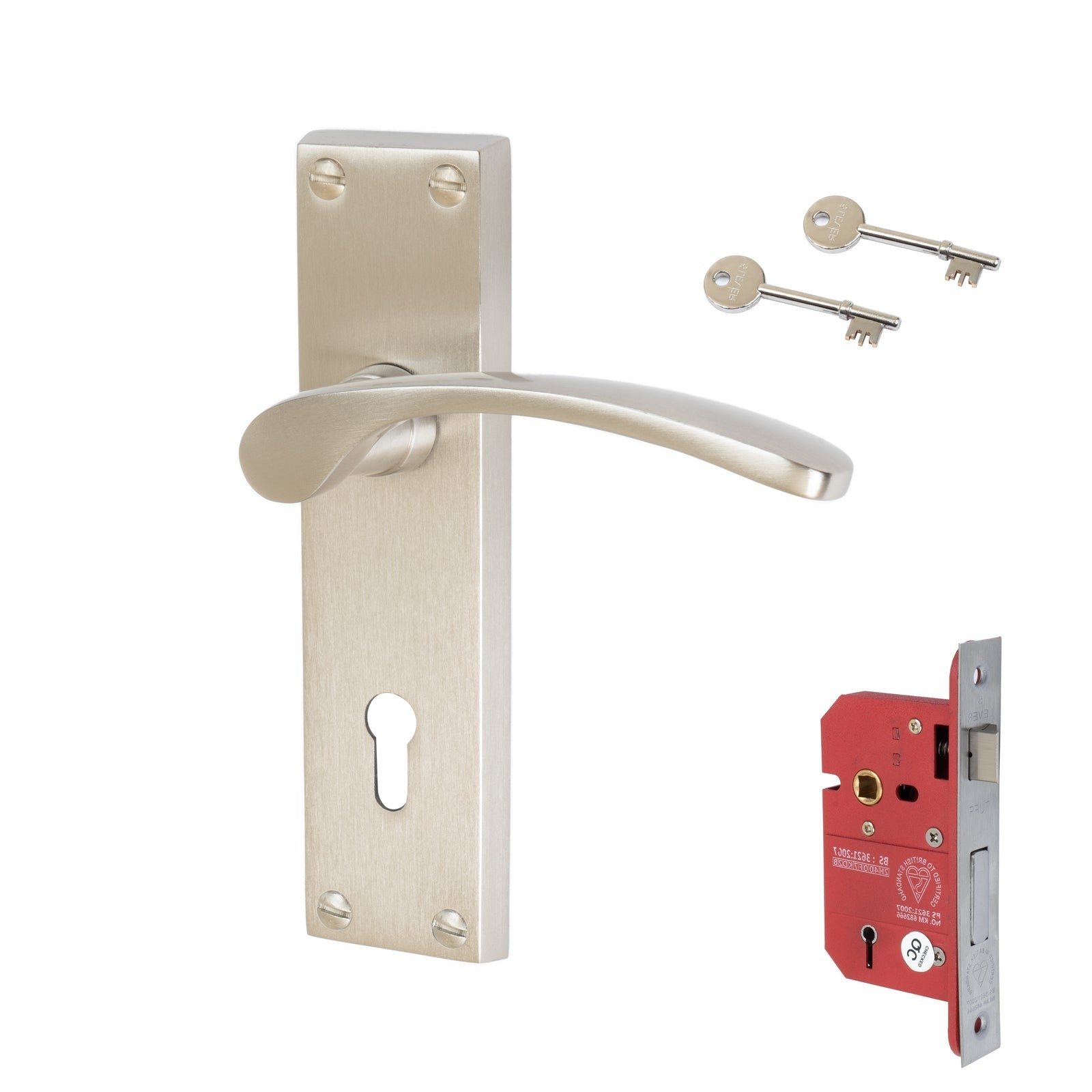 Sophia Door Handles On Plate 5 Lever Lock Handle Set in Satin Nickel 