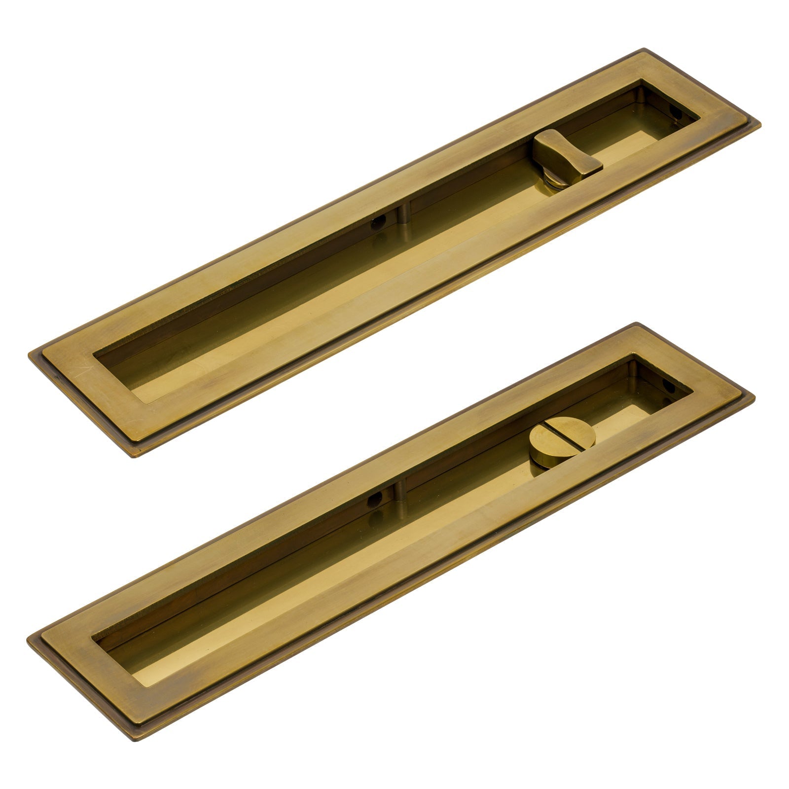 250mm Aged Brass Art Deco Rectangular Flush Pull - Privacy Set