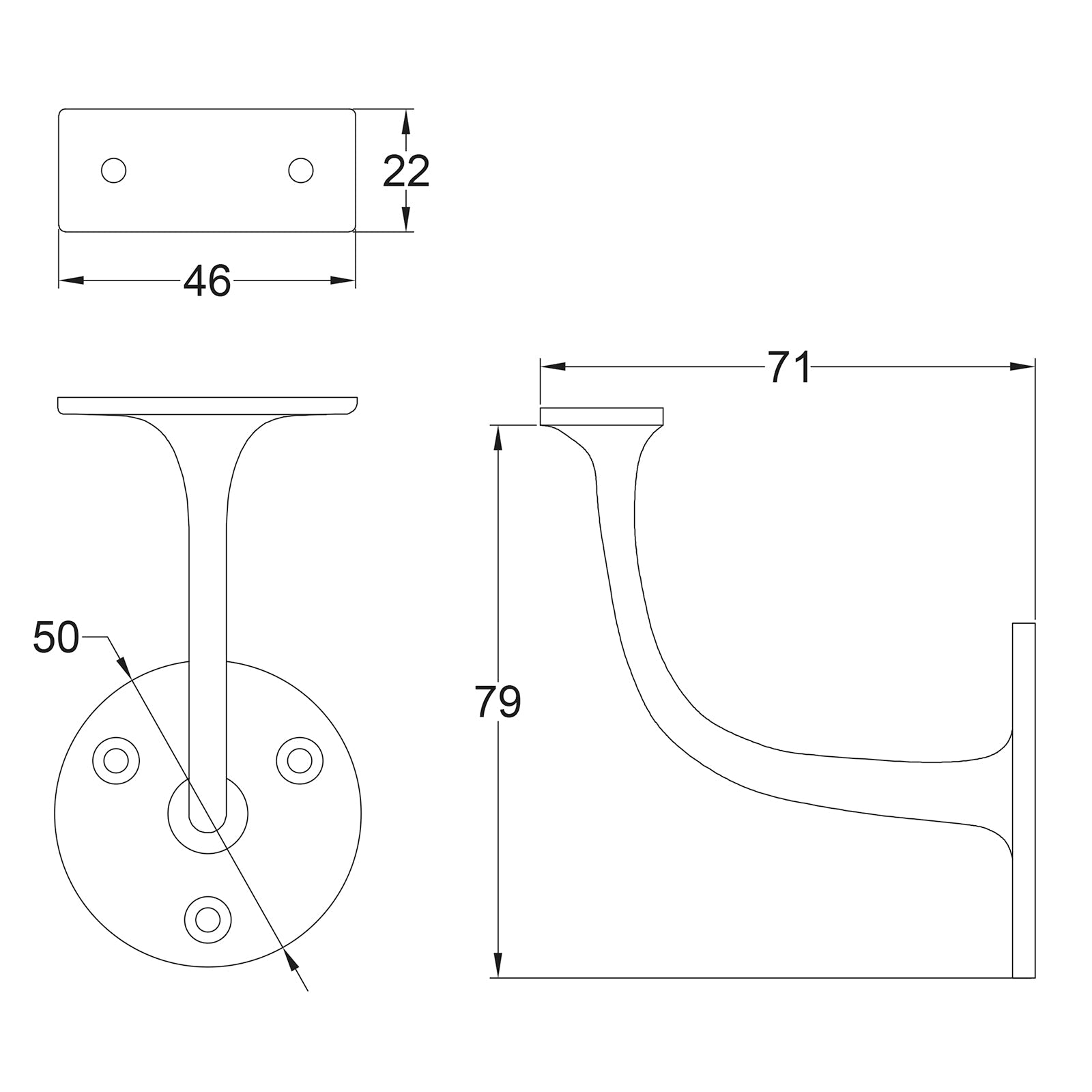 Antique brass handrail bracket dimension drawing SHOW