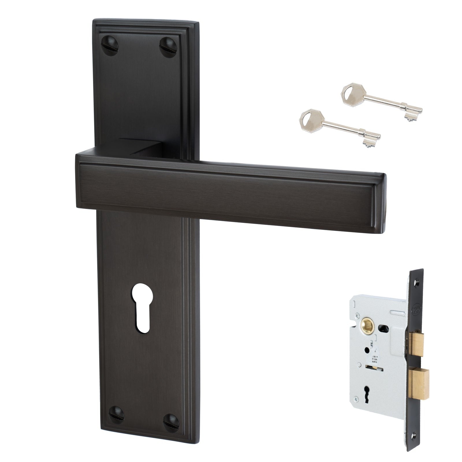 Atlantis Door Handles On Plate Lock Handle Set in Matt Bronze 