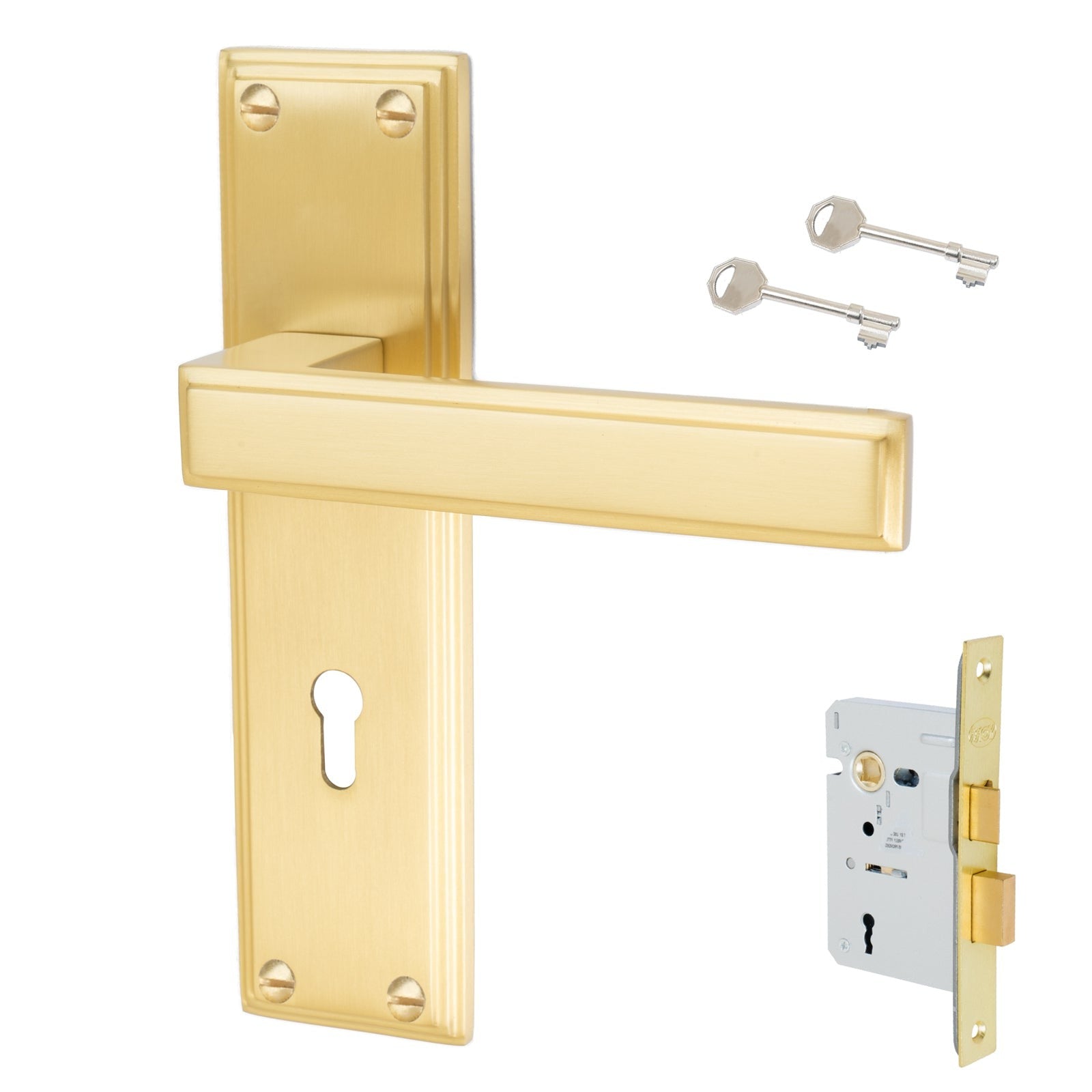 Atlantis Door Handles On Plate Lock Handle Set in Satin Brass