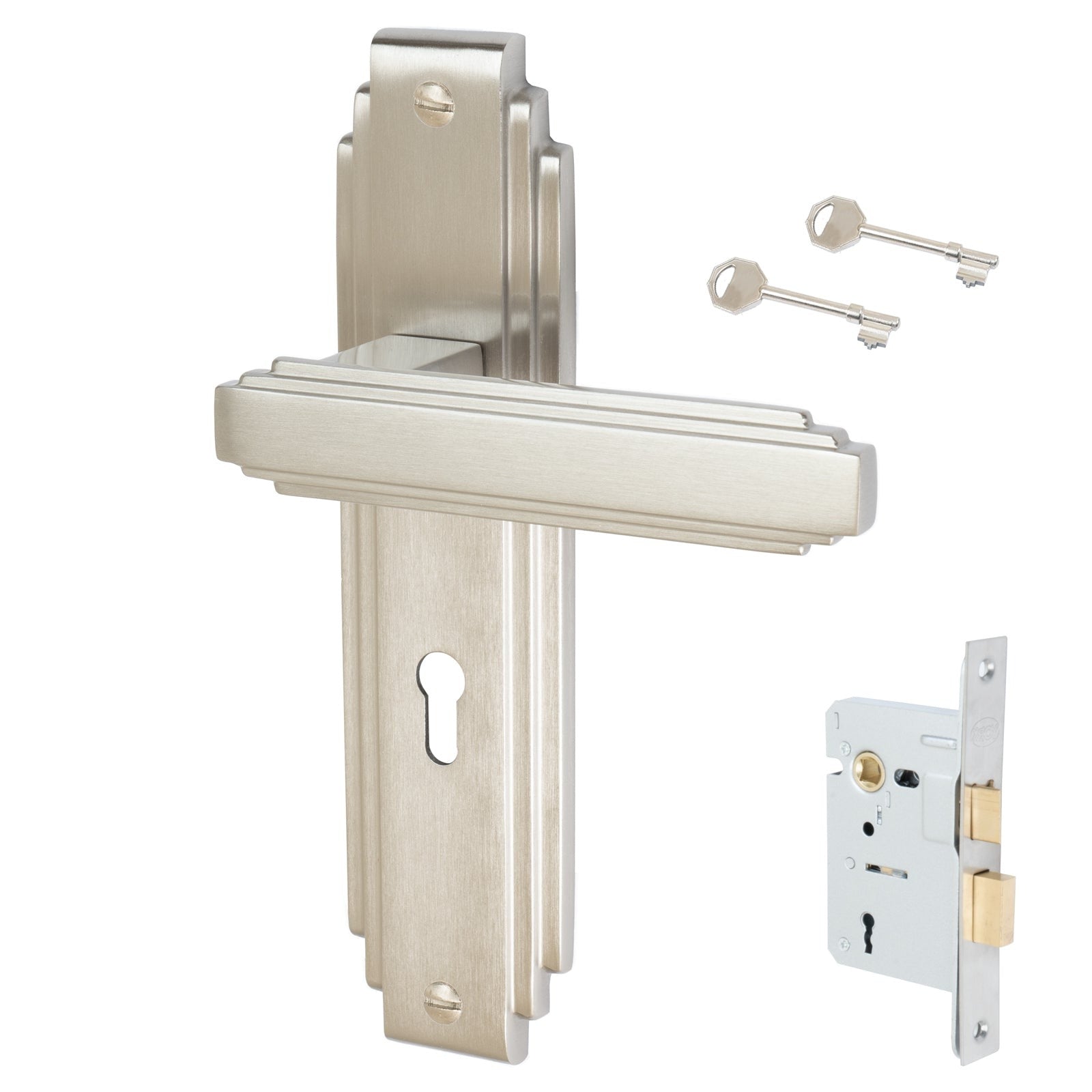 Astoria Door Handles On Plate Lock Handle Set in Satin Nickel 