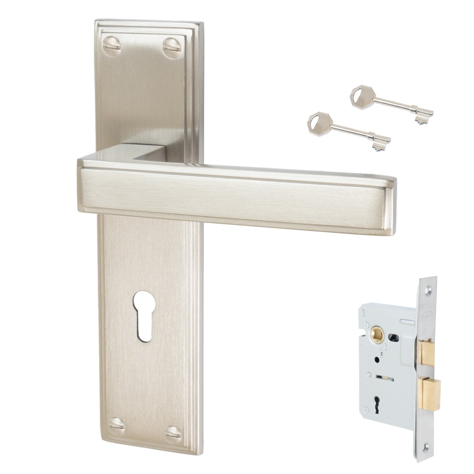 Atlantis Door Handles On Plate Lock Handle Set in Satin Nickel 