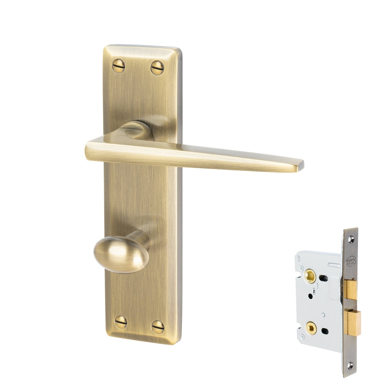 Kendal Door Handles On Plate Bathroom Handle Set in Aged Brass