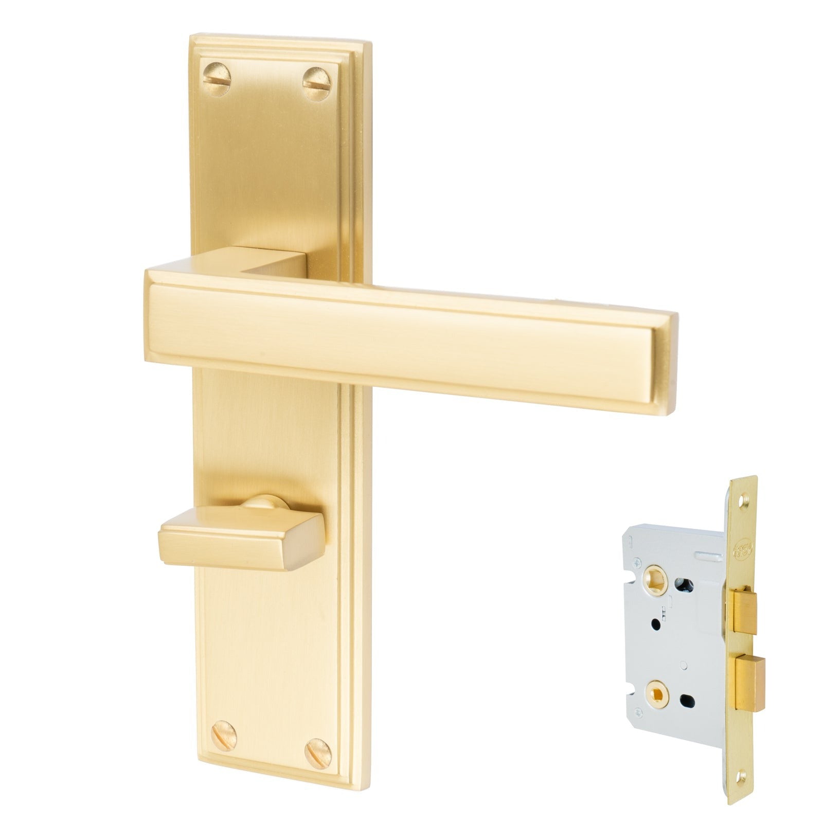 Atlantis Door Handles On Plate Bathroom Handle Set in Satin Brass