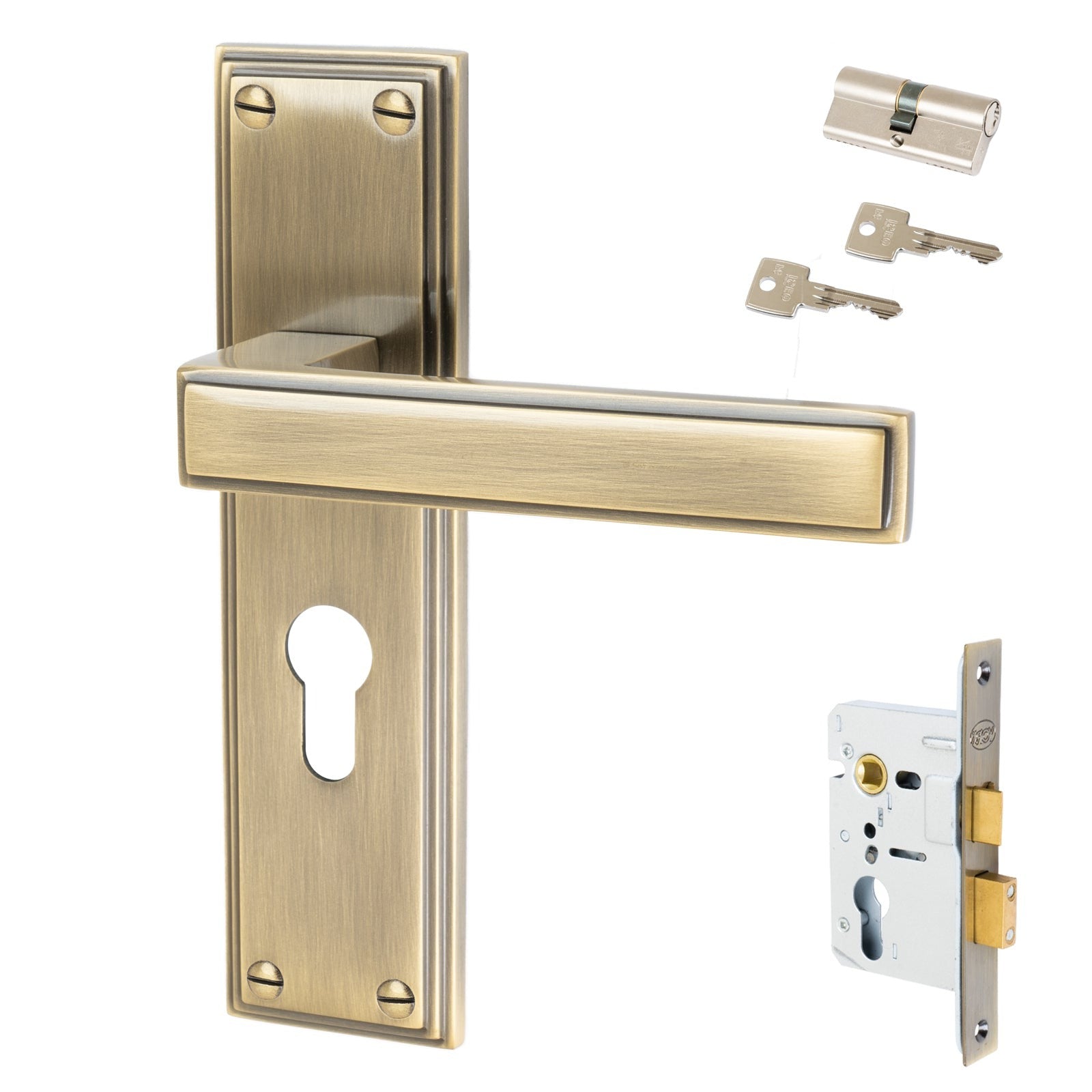 Atlantis Door Handles On Plate Euro Lock Handle Set in Aged Brass