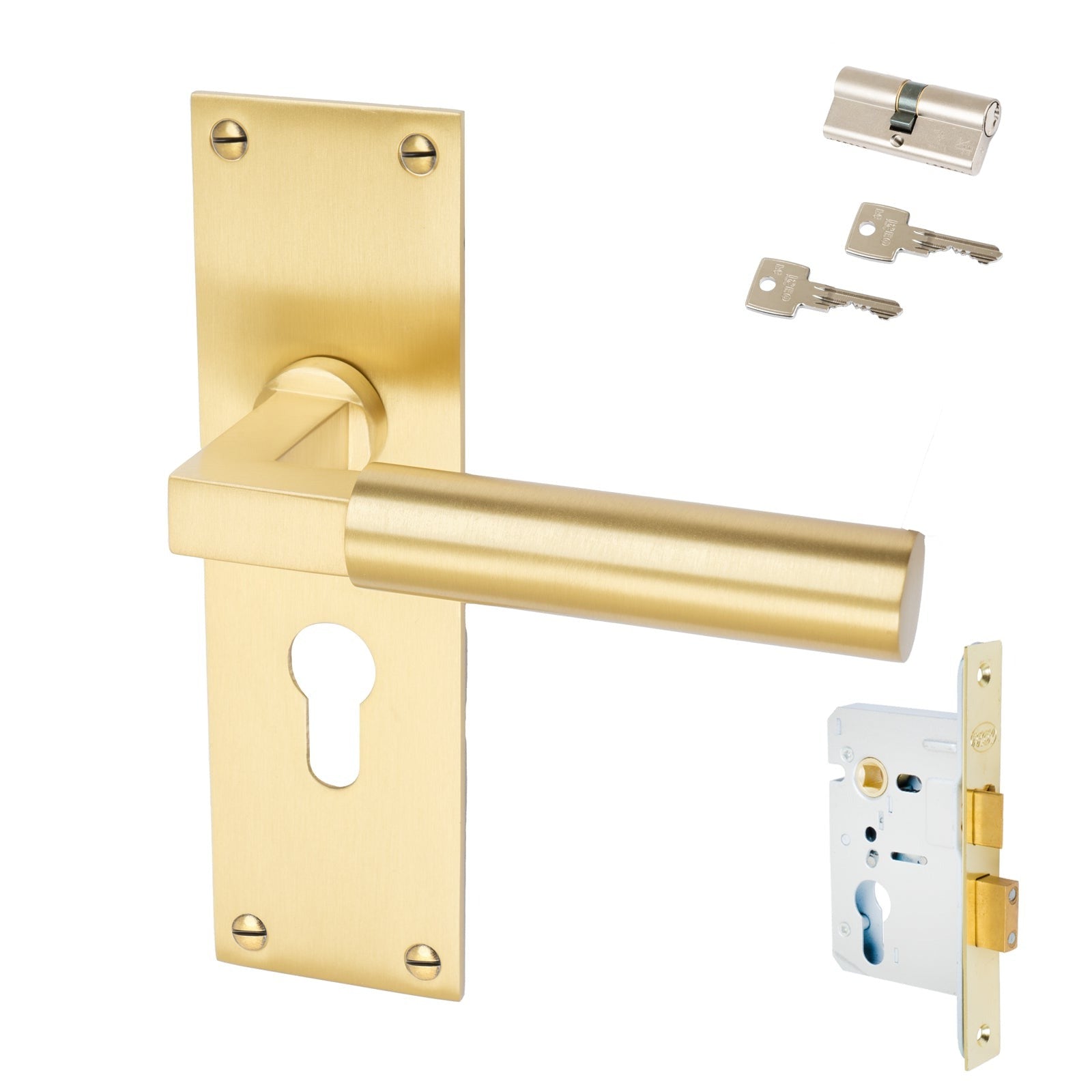 Bauhaus Door Handles On Plate Euro Lock Handle Set in Satin Brass