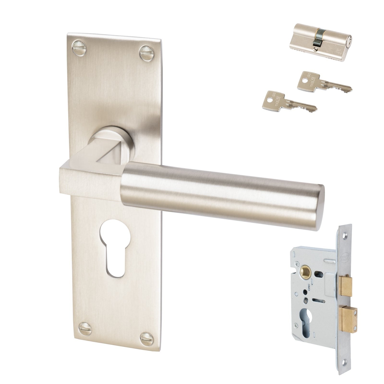 Bauhaus Door Handles On Plate Euro Lock Handle Set in Satin Nickel