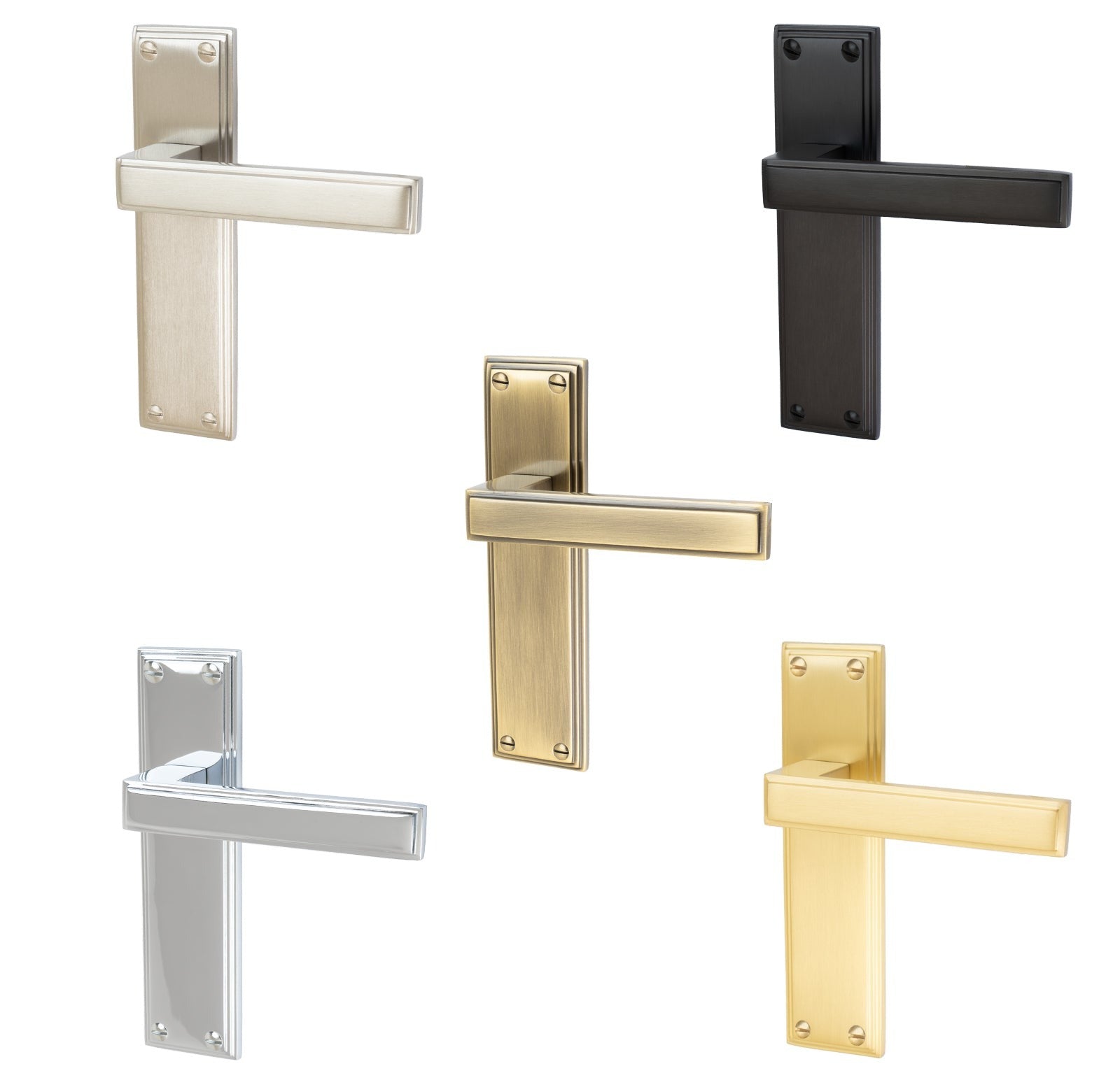 Atlantis Door Handles On Plate Latch Handle in Matt Bronze, Satin Nickel, Polished Chrome, Satin Brass and Aged Brass.