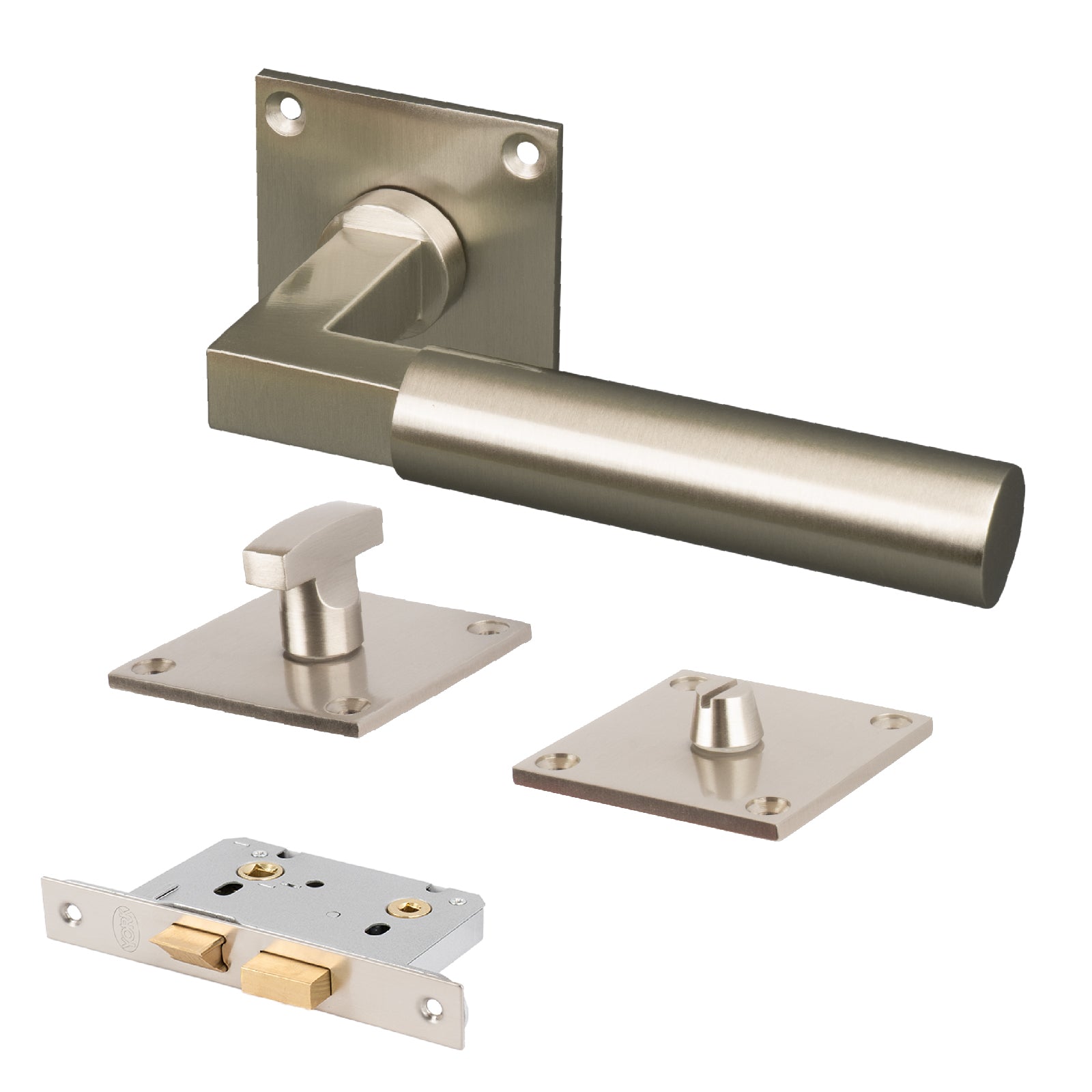 satin nickel low profile lever on rose bathroom door set