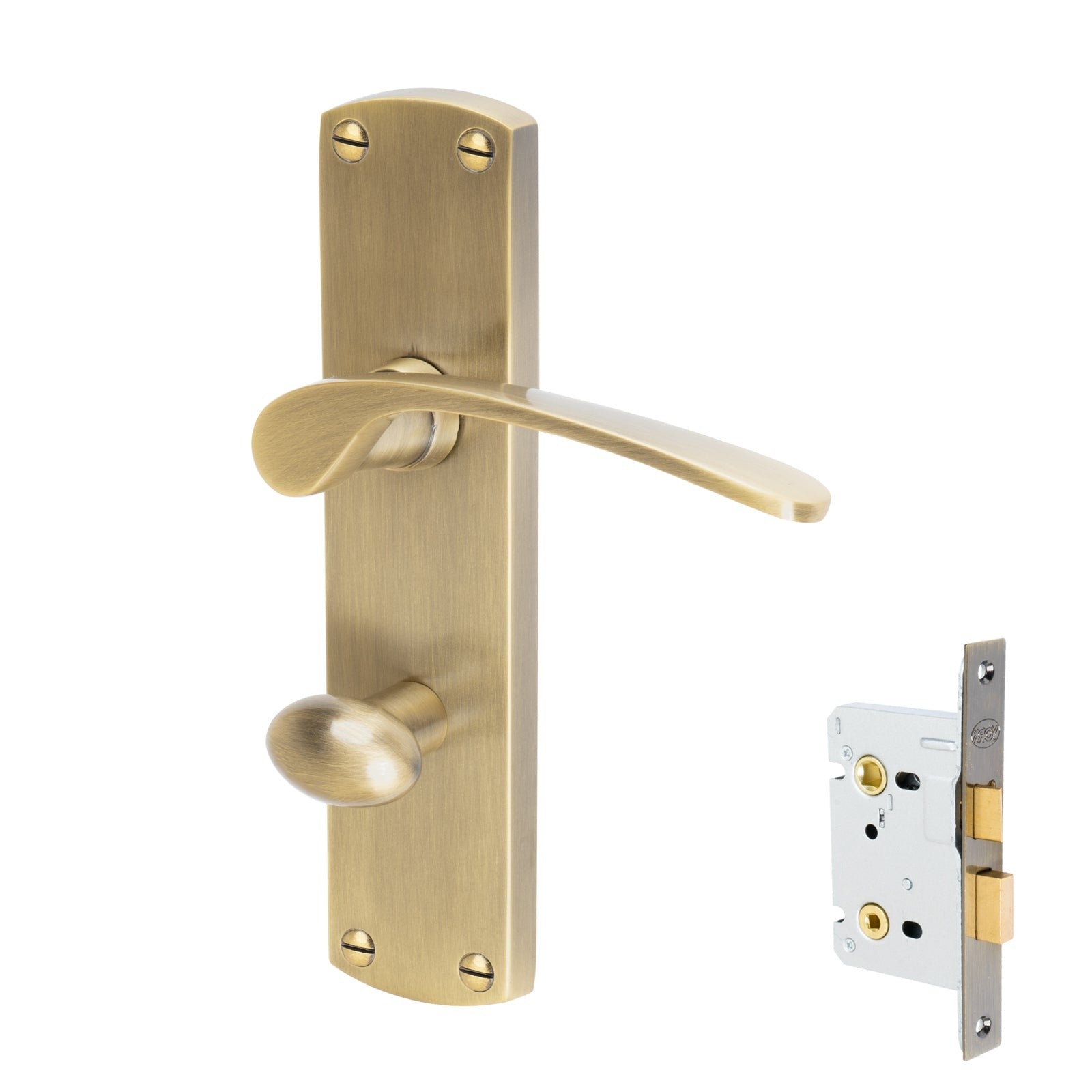 Diplomat Door Handles On Plate Bathroom Handle Set in Aged Brass