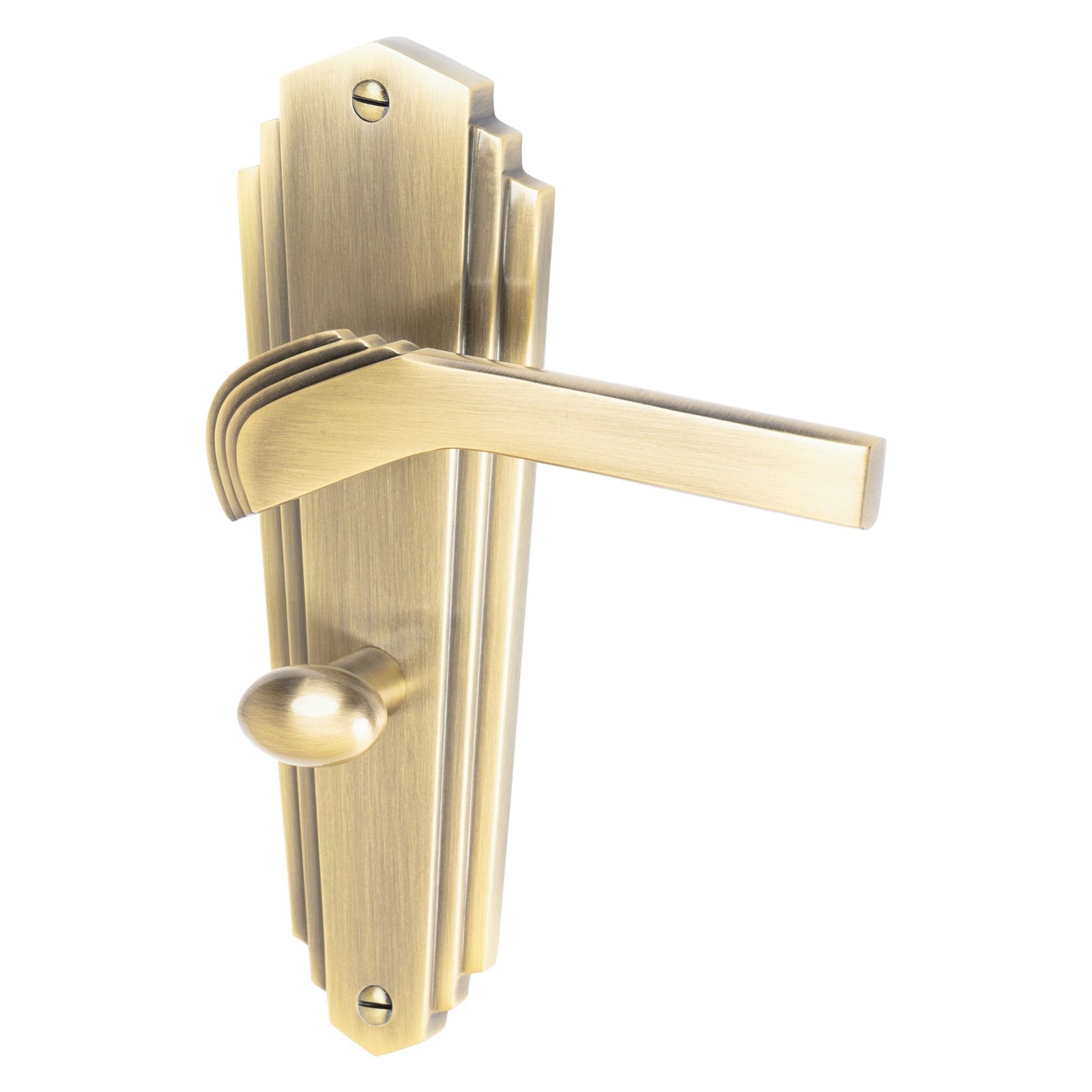 Waldorf Door Handles On Plate Bathroom Handle in Aged Brass