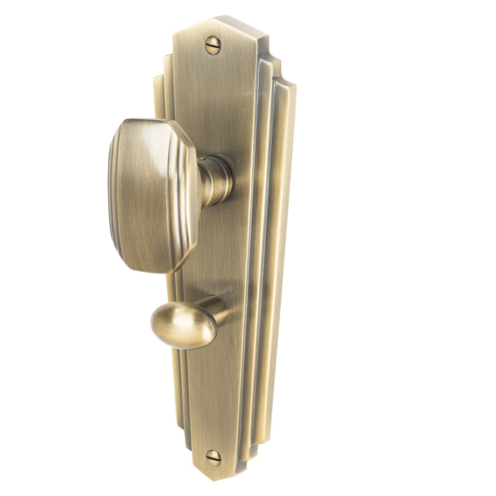 Charlston Door Handles On Plate Bathroom Handle in Aged Brass