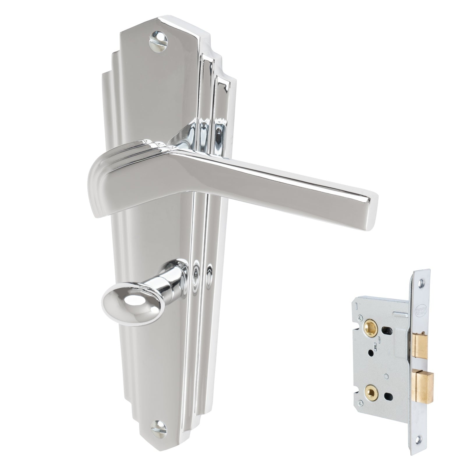 Waldorf Door Handles On Plate Bathroom Handle Set in Polished Chrome