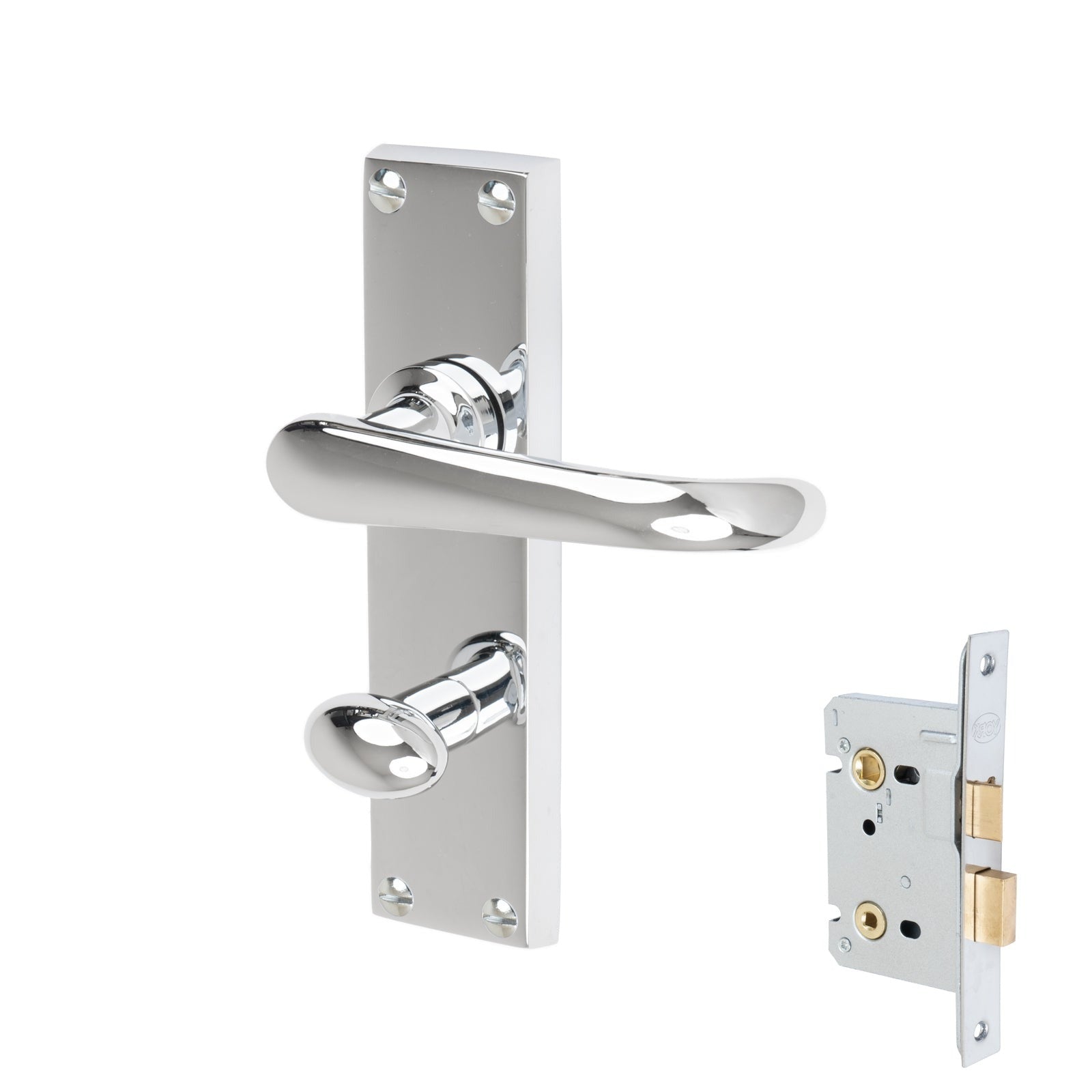 Windsor Door Handles On Plate Bathroom Handle Set in Polished Chrome