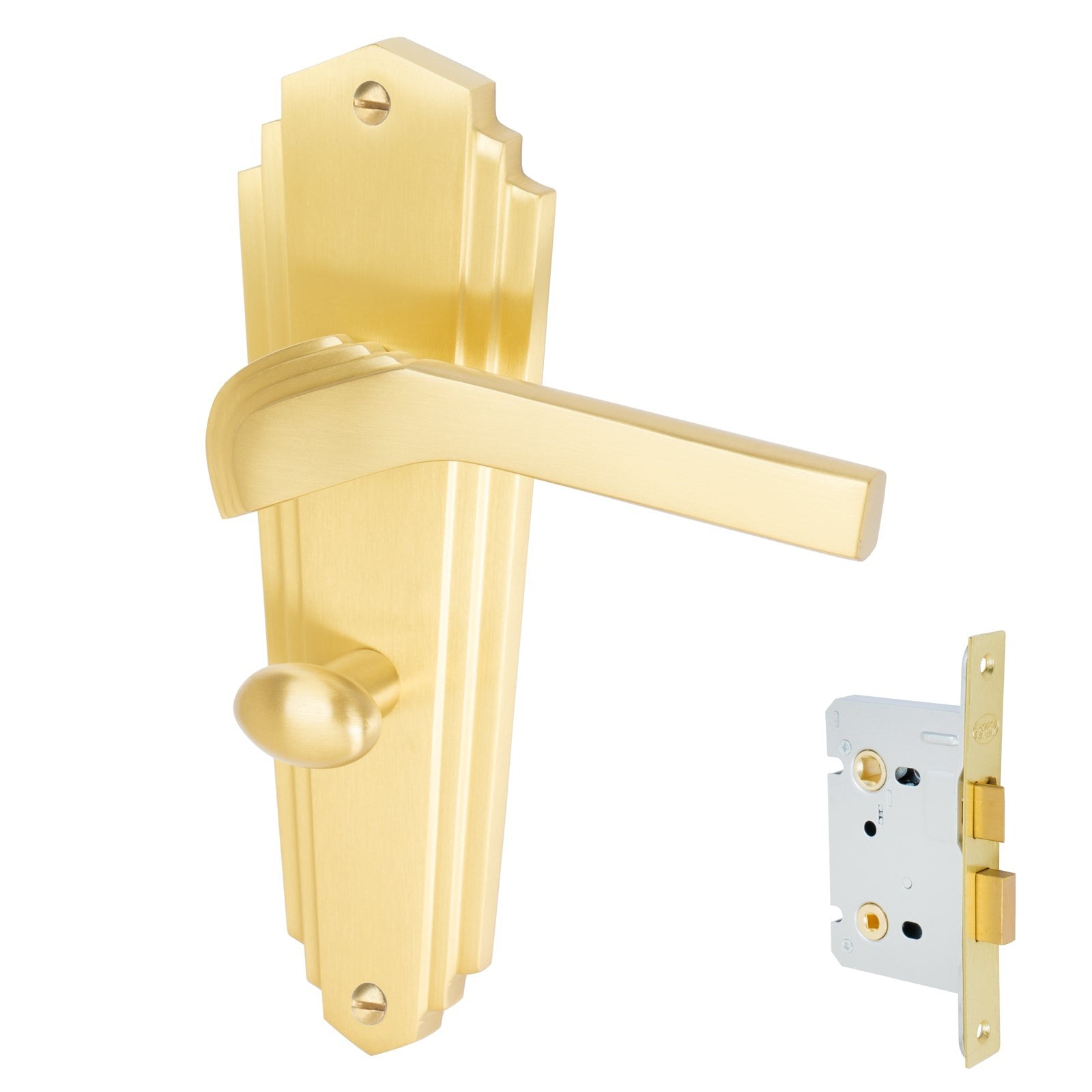 Waldorf Door Handles On Plate Bathroom Handle Set in Satin Brass