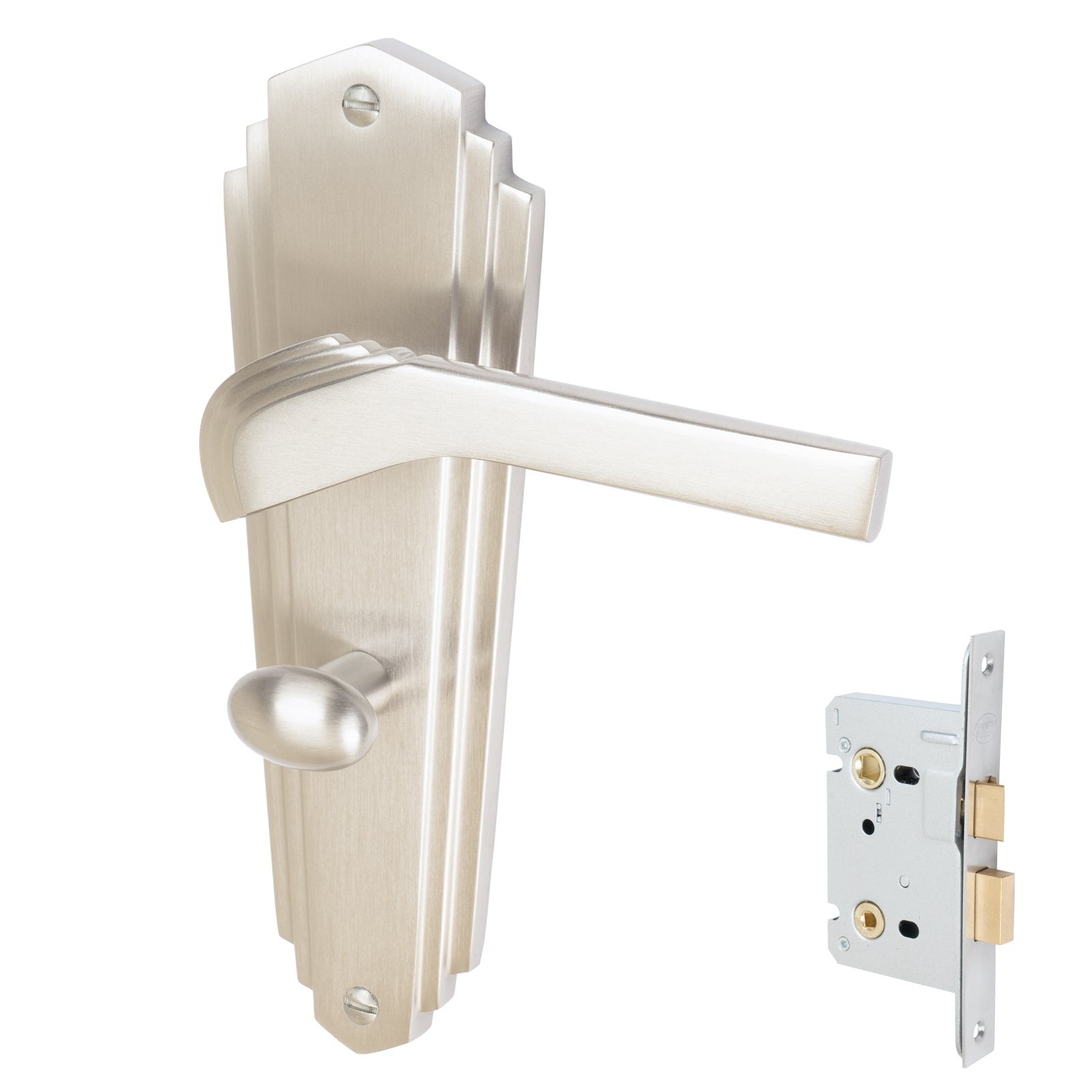 Waldorf Door Handles On Plate Bathroom Handle Set in Satin Nickel