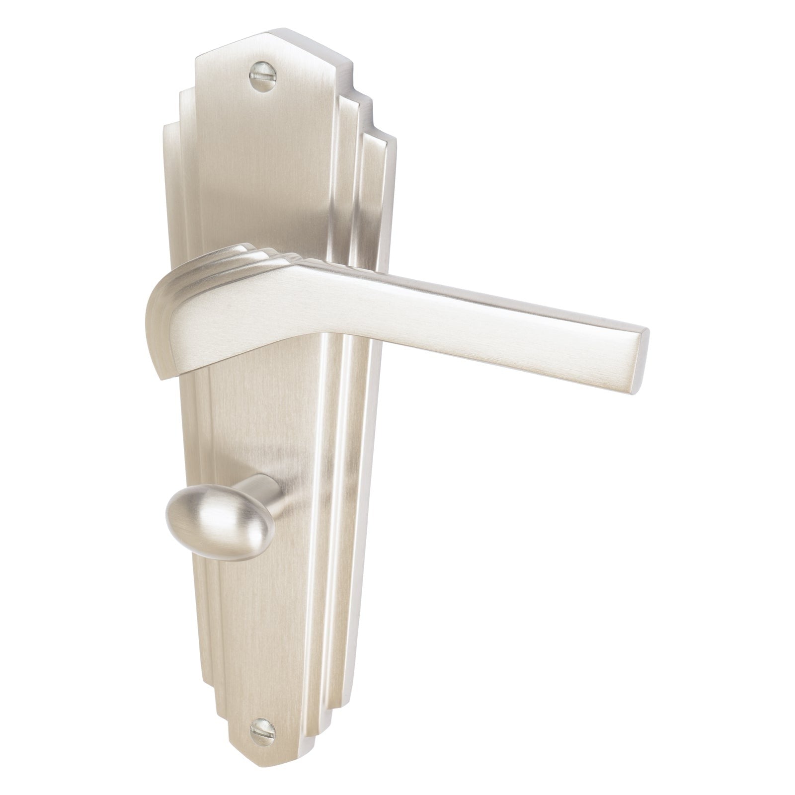 Waldorf Door Handles On Plate Bathroom Handle in Satin Nickel 