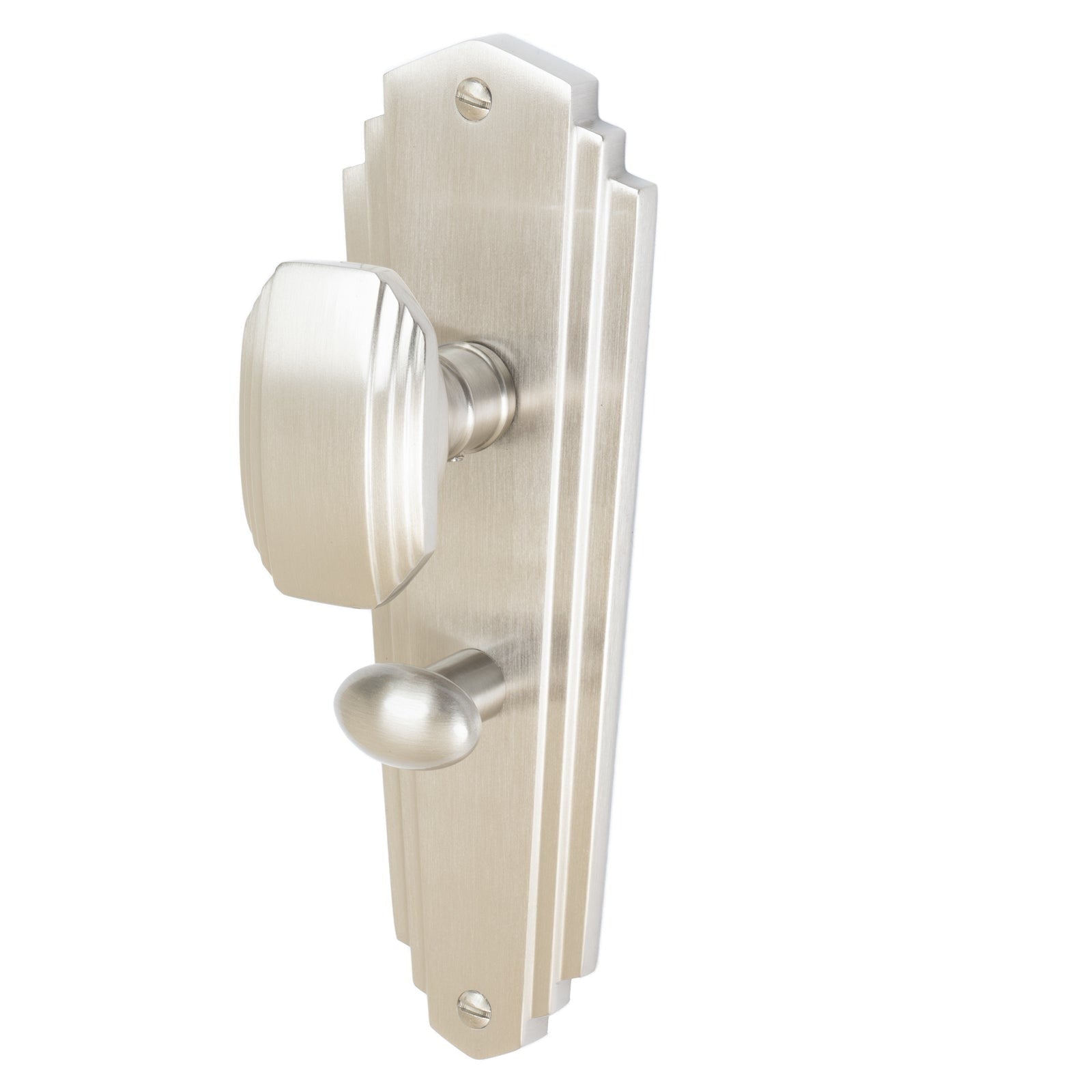 Charlston Door Handles On Plate Bathroom Handle in Satin Nickel 